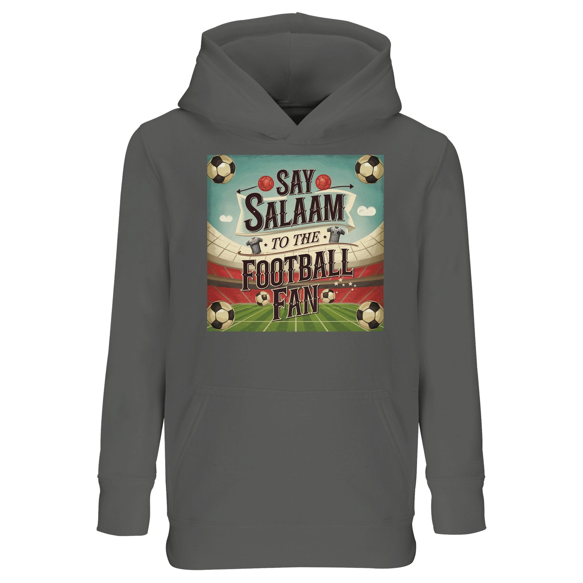 Grey Melange Say Salaam to the Football Fan Design #5 kids hoodie featuring a soft heathered finish that adds texture and versatility. The neutral grey colour works easily with most outfits while allowing the football artwork to stand out. Crafted from a cotton and recycled polyester blend, this budget-friendly hoodie offers warmth, durability, and everyday comfort. Ideal for relaxed wear and layering, it suits children who favour neutral tones paired with a meaningful football message.