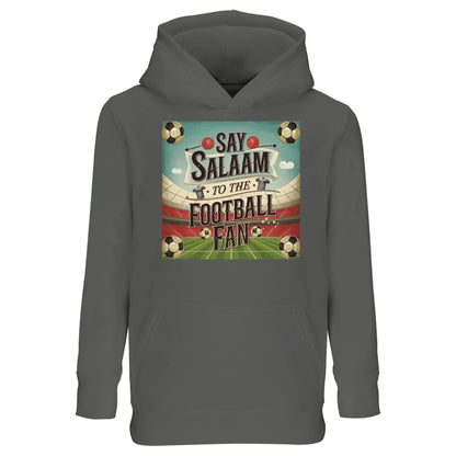 Grey Melange Say Salaam to the Football Fan Design #5 kids hoodie featuring a soft heathered finish that adds texture and versatility. The neutral grey colour works easily with most outfits while allowing the football artwork to stand out. Crafted from a cotton and recycled polyester blend, this budget-friendly hoodie offers warmth, durability, and everyday comfort. Ideal for relaxed wear and layering, it suits children who favour neutral tones paired with a meaningful football message.