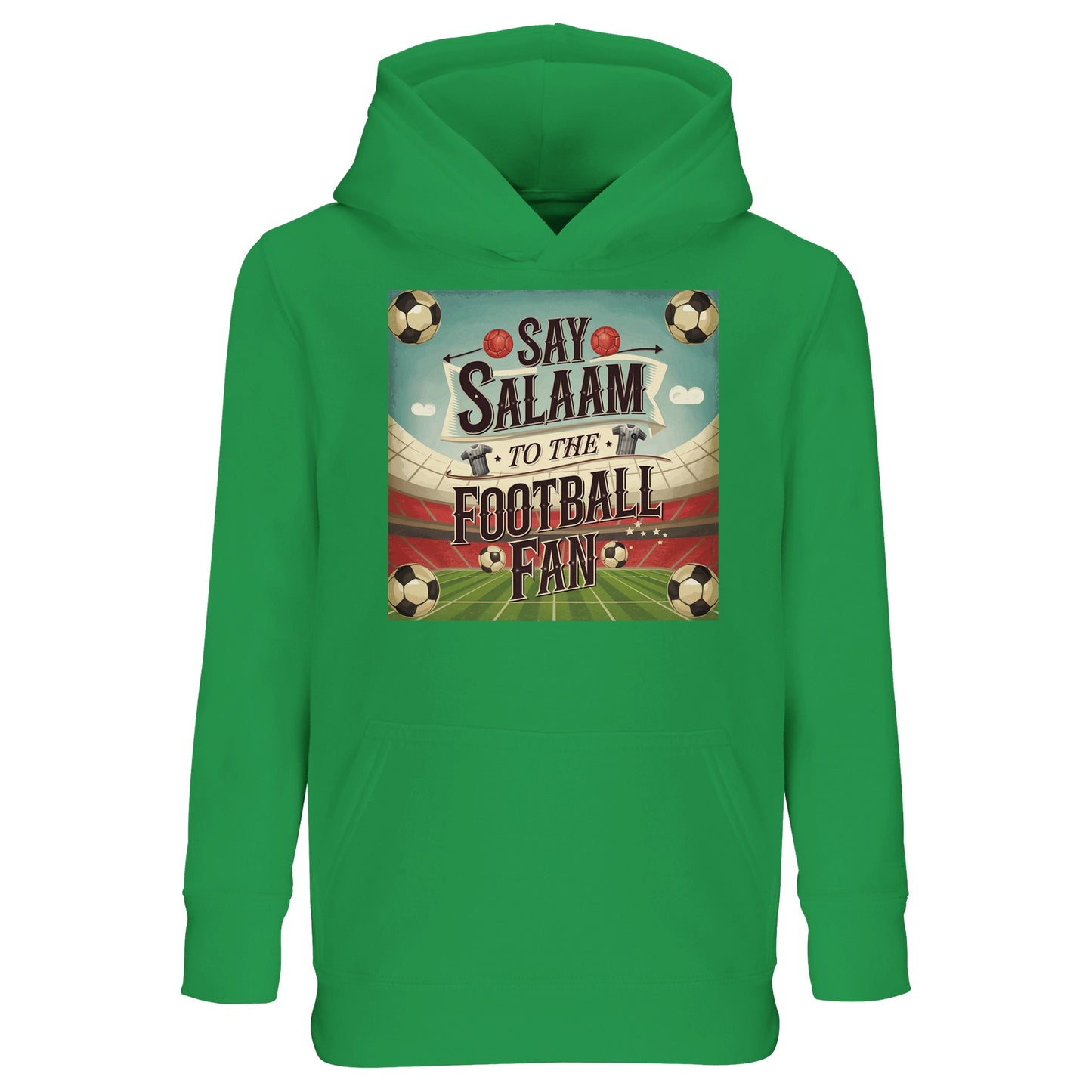 Kelly Green Say Salaam to the Football Fan Design #5 kids hoodie bringing a lively, pitch-inspired colour to a football-focused design. The bright green shade nods to football heritage while adding freshness and personality. Made from a cotton and recycled polyester blend, this affordable hoodie delivers warmth and dependable wear. Well suited to casual outfits and everyday use, it’s perfect for young supporters who enjoy expressive colours and positive messaging.