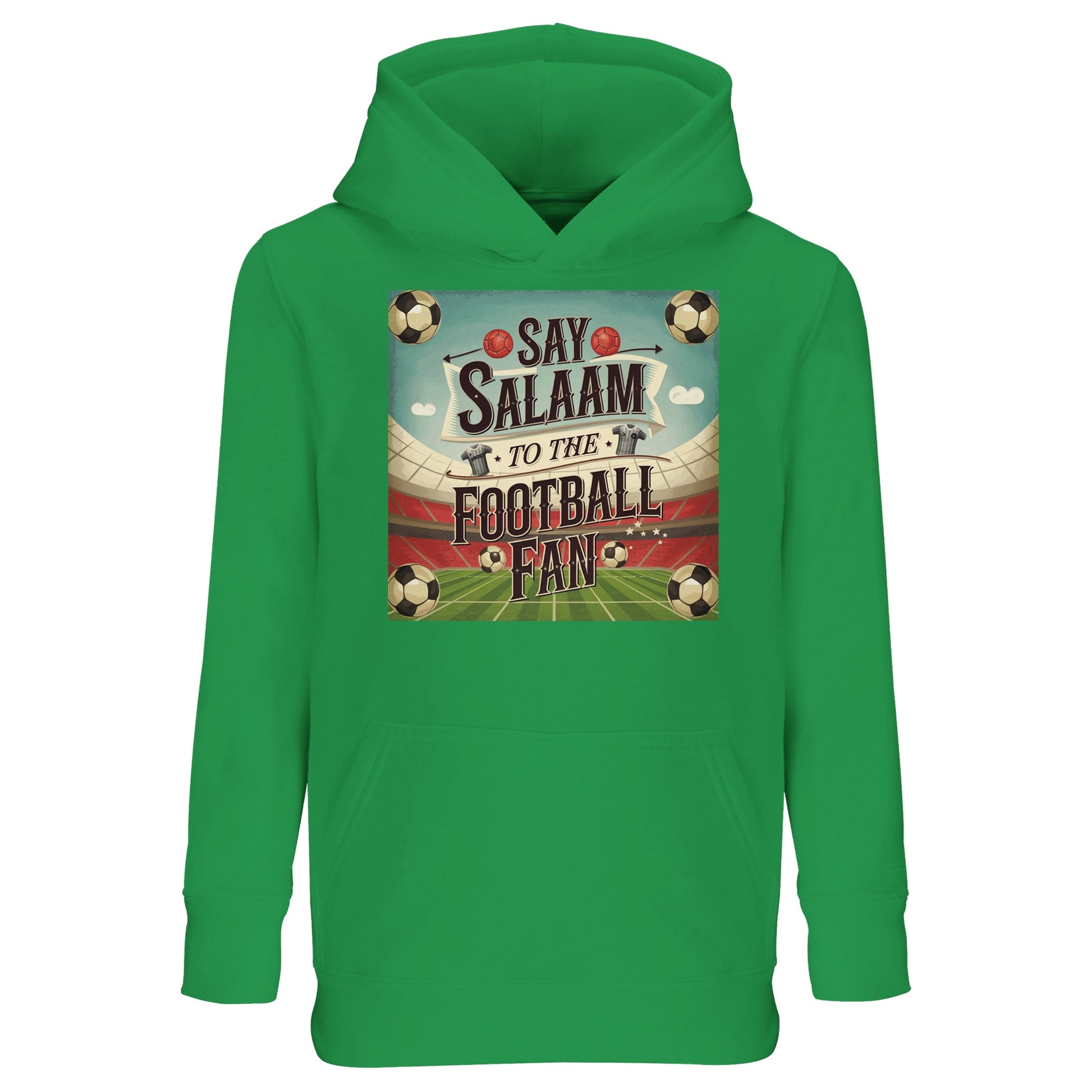 Kelly Green Say Salaam to the Football Fan Design #5 kids hoodie bringing a lively, pitch-inspired colour to a football-focused design. The bright green shade nods to football heritage while adding freshness and personality. Made from a cotton and recycled polyester blend, this affordable hoodie delivers warmth and dependable wear. Well suited to casual outfits and everyday use, it’s perfect for young supporters who enjoy expressive colours and positive messaging.