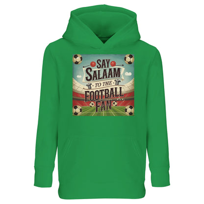 Kelly Green Say Salaam to the Football Fan Design #5 kids hoodie bringing a lively, pitch-inspired colour to a football-focused design. The bright green shade nods to football heritage while adding freshness and personality. Made from a cotton and recycled polyester blend, this affordable hoodie delivers warmth and dependable wear. Well suited to casual outfits and everyday use, it’s perfect for young supporters who enjoy expressive colours and positive messaging.