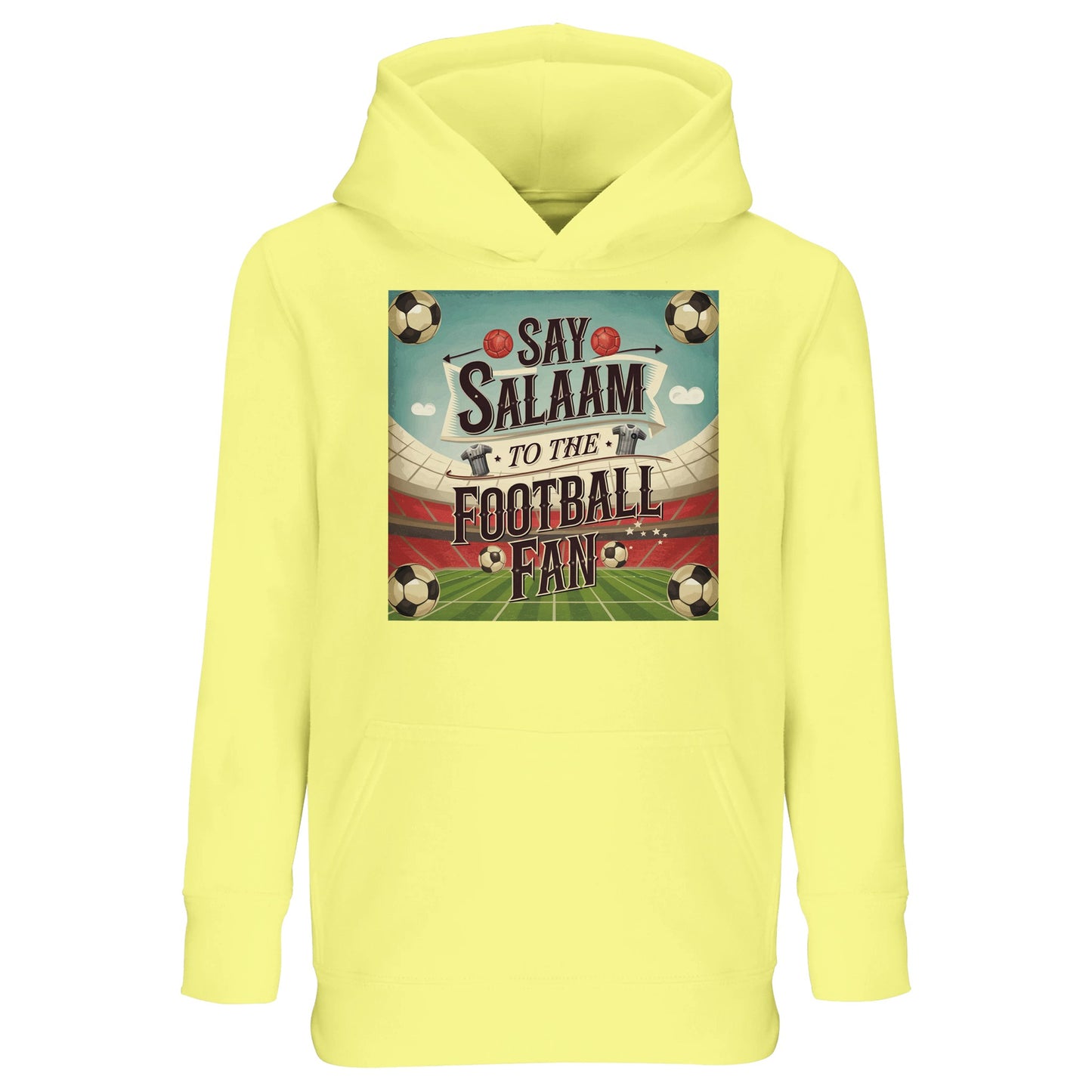 Light Yellow Say Salaam to the Football Fan Design #5 kids hoodie offering a soft, cheerful colour that feels bright without overpowering the design. The pale yellow tone adds variety while keeping the football graphic clear and engaging. Produced from a cotton and recycled polyester blend, this everyday hoodie provides warmth, comfort, and easy care. Ideal for casual wear and lighter outfits, it suits kids who enjoy gentle colours with a welcoming Salaam theme.