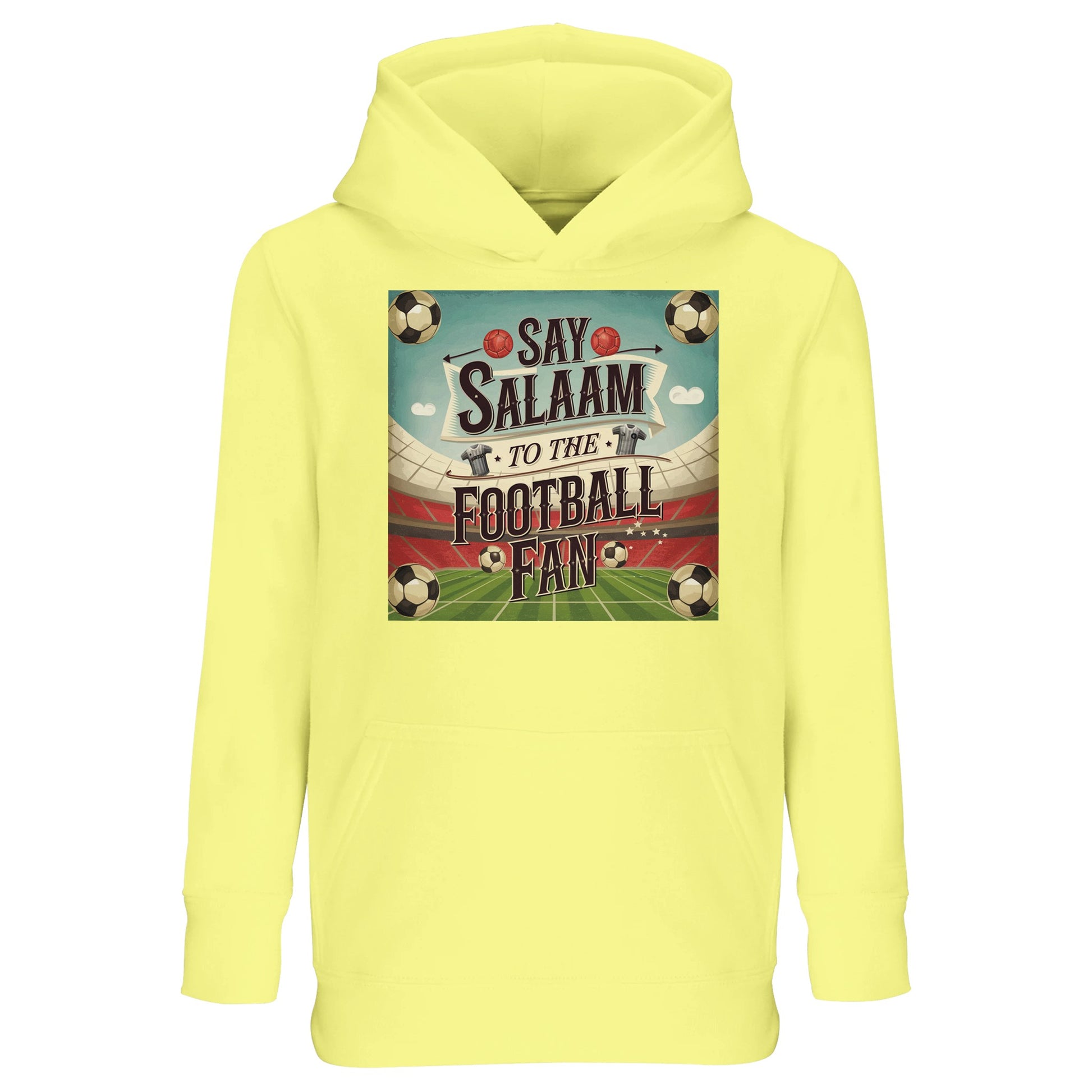Light Yellow Say Salaam to the Football Fan Design #5 kids hoodie offering a soft, cheerful colour that feels bright without overpowering the design. The pale yellow tone adds variety while keeping the football graphic clear and engaging. Produced from a cotton and recycled polyester blend, this everyday hoodie provides warmth, comfort, and easy care. Ideal for casual wear and lighter outfits, it suits kids who enjoy gentle colours with a welcoming Salaam theme.