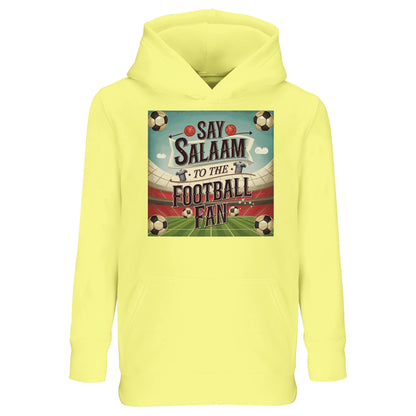 Light Yellow Say Salaam to the Football Fan Design #5 kids hoodie offering a soft, cheerful colour that feels bright without overpowering the design. The pale yellow tone adds variety while keeping the football graphic clear and engaging. Produced from a cotton and recycled polyester blend, this everyday hoodie provides warmth, comfort, and easy care. Ideal for casual wear and lighter outfits, it suits kids who enjoy gentle colours with a welcoming Salaam theme.