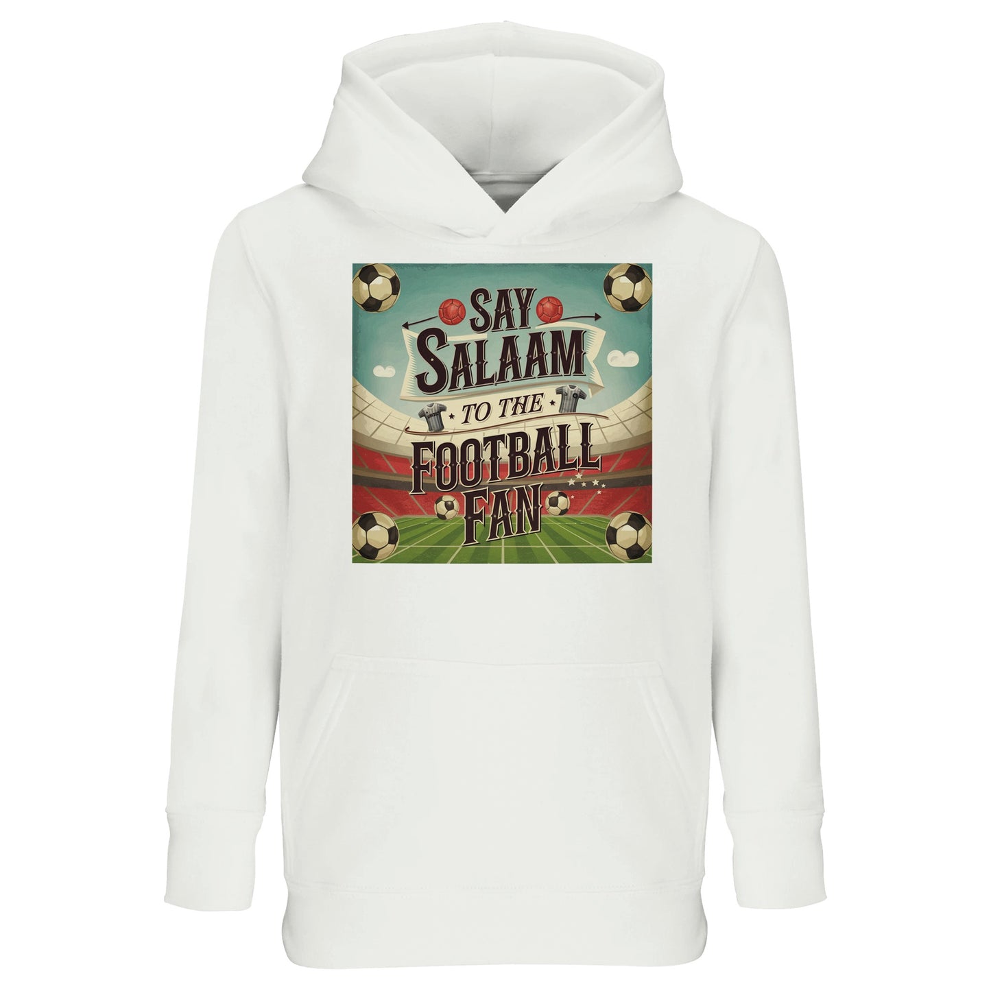 White / Platinum Say Salaam to the Football Fan Design #5 kids hoodie presenting a clean, neutral base that keeps the football artwork crisp and highly visible. The bright white is versatile across everyday outfits while letting the Islamic design stand out. Made from a cotton and recycled polyester blend, this affordable hoodie provides warmth, softness, and durability. Ideal for school, casual wear, and relaxed layering, it suits young Muslim supporters who like simple tones with a clear message.