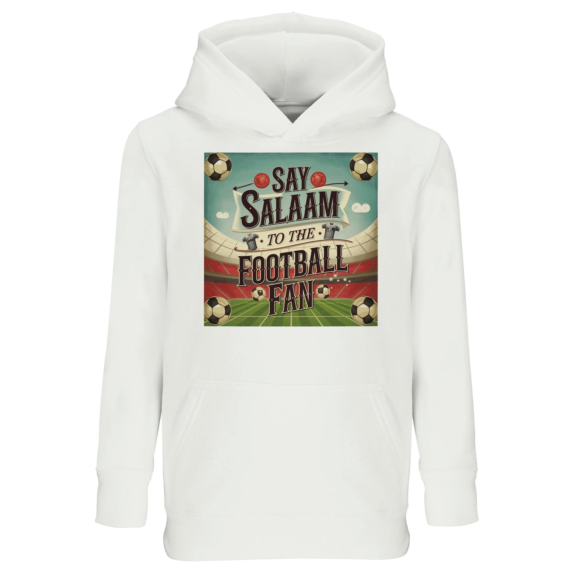 White / Platinum Say Salaam to the Football Fan Design #5 kids hoodie presenting a clean, neutral base that keeps the football artwork crisp and highly visible. The bright white is versatile across everyday outfits while letting the Islamic design stand out. Made from a cotton and recycled polyester blend, this affordable hoodie provides warmth, softness, and durability. Ideal for school, casual wear, and relaxed layering, it suits young Muslim supporters who like simple tones with a clear message.