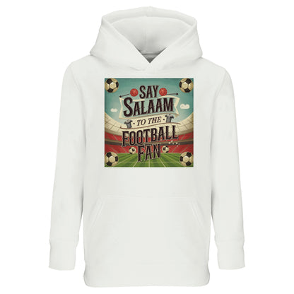 White / Platinum Say Salaam to the Football Fan Design #5 kids hoodie presenting a clean, neutral base that keeps the football artwork crisp and highly visible. The bright white is versatile across everyday outfits while letting the Islamic design stand out. Made from a cotton and recycled polyester blend, this affordable hoodie provides warmth, softness, and durability. Ideal for school, casual wear, and relaxed layering, it suits young Muslim supporters who like simple tones with a clear message.