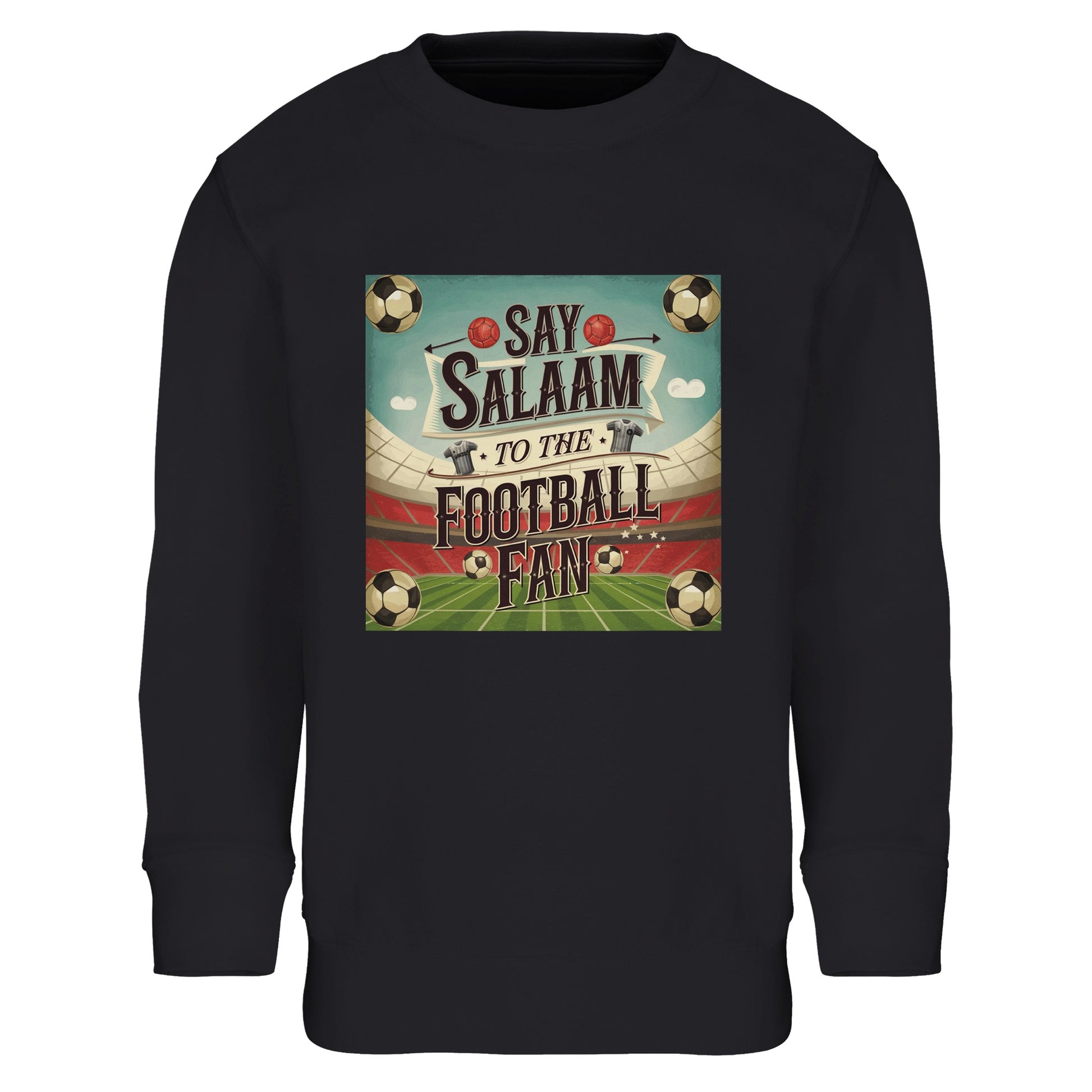 Say Salaam to the Football Fan Design #5 kids sweatshirt in Deep Black / Zeus, finished with bold retro football graphics that stand out on a dark base. Crafted from an 80% cotton and 20% recycled polyester blend, this brushed-fleece sweatshirt delivers warmth, comfort, and long-lasting wear. A practical, affordable kids football top for school, travel, and match days, designed for active young supporters who want durable streetwear with football heritage appeal.