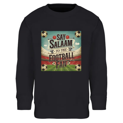 Say Salaam to the Football Fan Design #5 kids sweatshirt in Deep Black / Zeus, finished with bold retro football graphics that stand out on a dark base. Crafted from an 80% cotton and 20% recycled polyester blend, this brushed-fleece sweatshirt delivers warmth, comfort, and long-lasting wear. A practical, affordable kids football top for school, travel, and match days, designed for active young supporters who want durable streetwear with football heritage appeal.