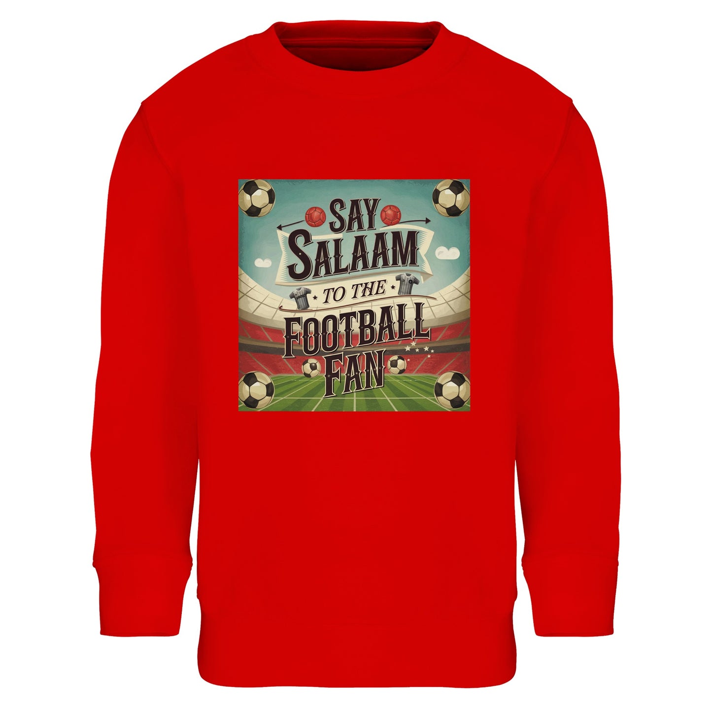 Say Salaam to the Football Fan Design #5 kids sweatshirt in Bright Red / Rosso Corsa, created for young supporters who like bold colours and big matchday atmosphere. Made from a cotton and recycled polyester blend with brushed fleece lining, this sweatshirt provides warmth and comfort throughout the day. A standout yet affordable football jumper delivering durability, vibrant colour, and retro football styling, ideal for kids who love goals, chants, stadium energy, and expressive everyday sportswear.