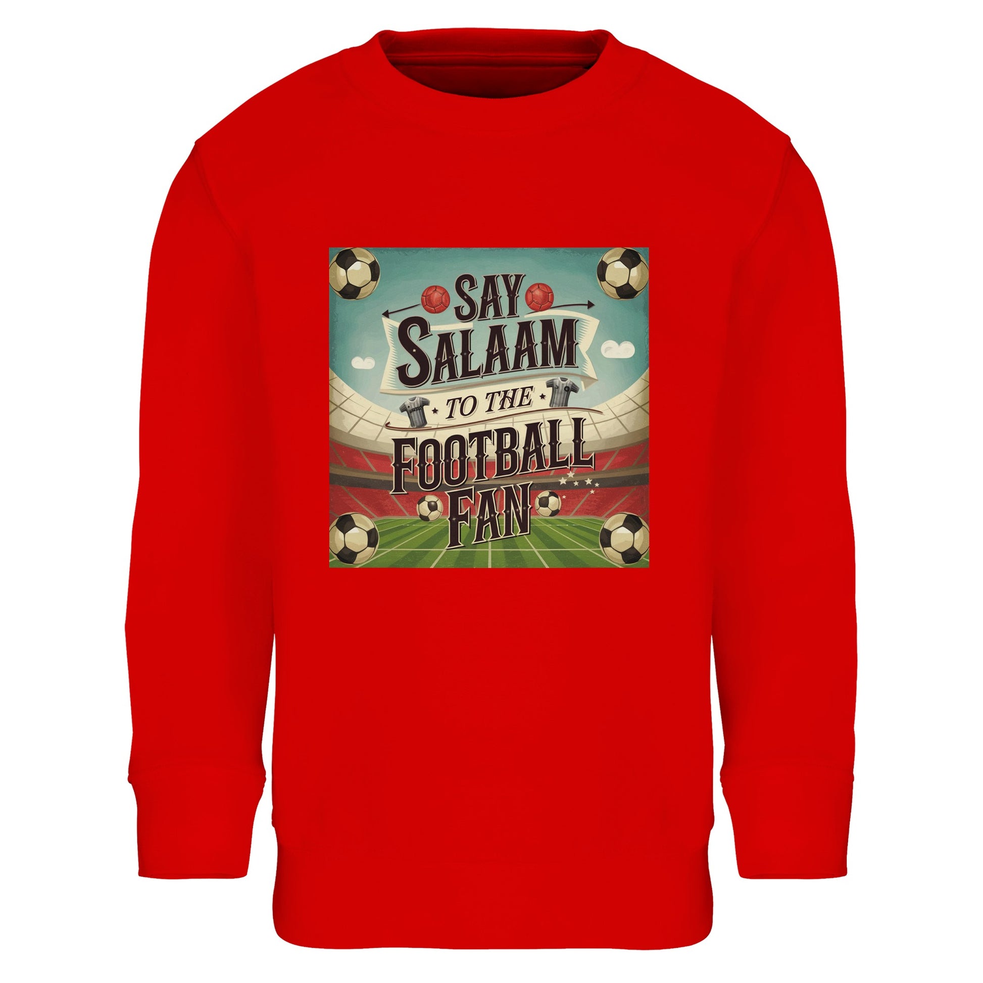 Say Salaam to the Football Fan Design #5 kids sweatshirt in Bright Red / Rosso Corsa, created for young supporters who like bold colours and big matchday atmosphere. Made from a cotton and recycled polyester blend with brushed fleece lining, this sweatshirt provides warmth and comfort throughout the day. A standout yet affordable football jumper delivering durability, vibrant colour, and retro football styling, ideal for kids who love goals, chants, stadium energy, and expressive everyday sportswear.
