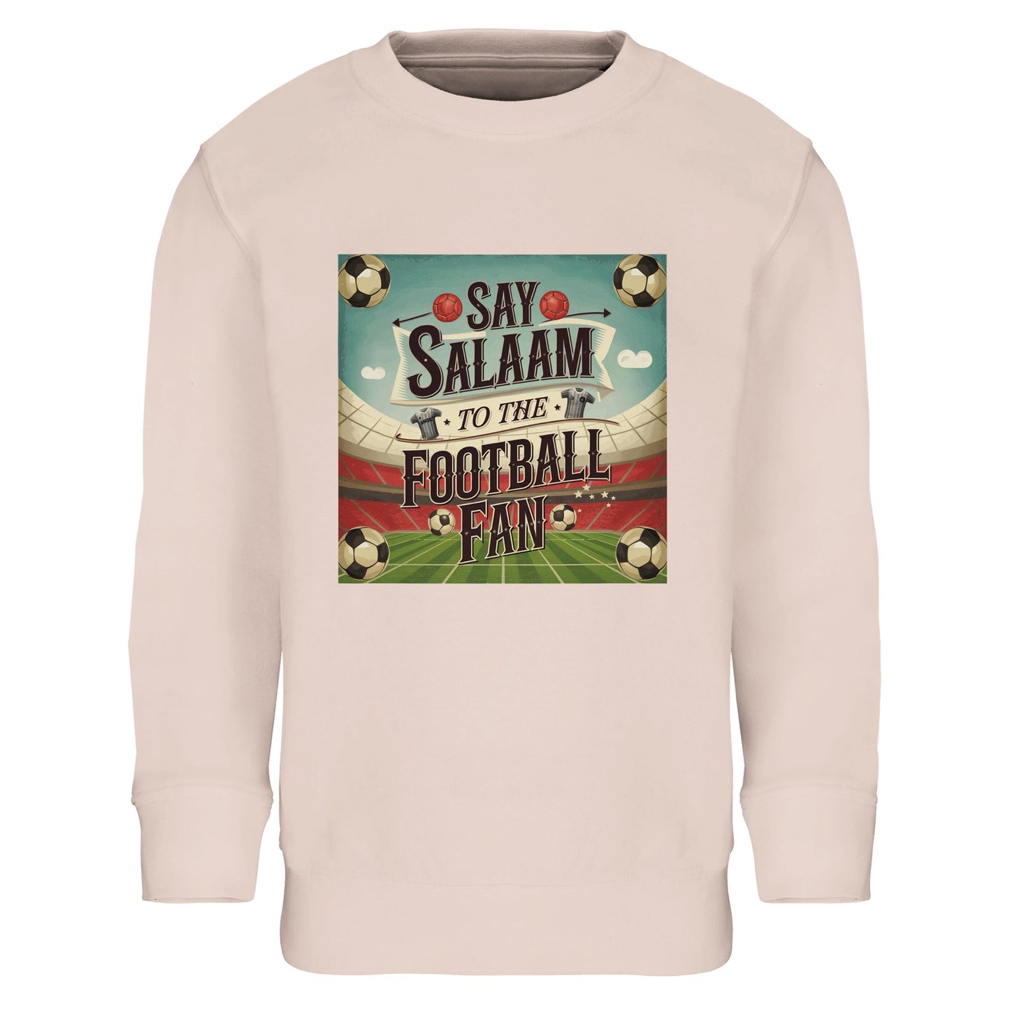 Say Salaam to the Football Fan Design #5 kids sweatshirt in Creamy Pink / Oyster Pink, combining a soft pastel tone with bold football graphics for a modern, playful look. The fleece-lined interior ensures warmth and comfort, while the relaxed fit allows easy movement throughout the day. A stylish yet affordable kids football sweatshirt for everyday Muslim wear, offering durability, easy care, and a lighter colour option that pairs well with casual outfits and contemporary streetwear styles.