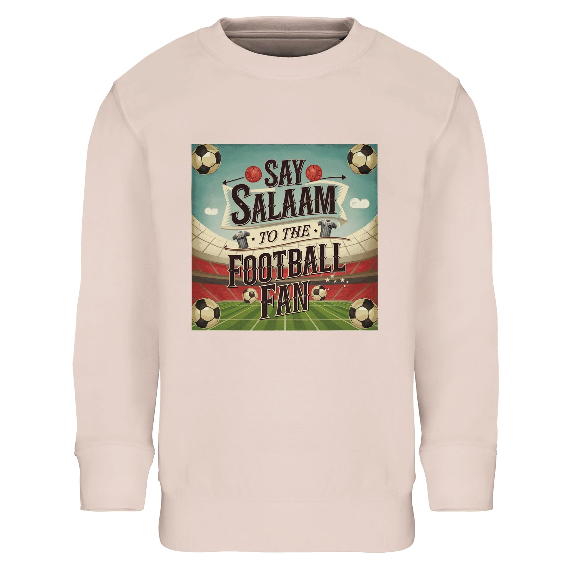 Say Salaam to the Football Fan Design #5 kids sweatshirt in Creamy Pink / Oyster Pink, combining a soft pastel tone with bold football graphics for a modern, playful look. The fleece-lined interior ensures warmth and comfort, while the relaxed fit allows easy movement throughout the day. A stylish yet affordable kids football sweatshirt for everyday Muslim wear, offering durability, easy care, and a lighter colour option that pairs well with casual outfits and contemporary streetwear styles.