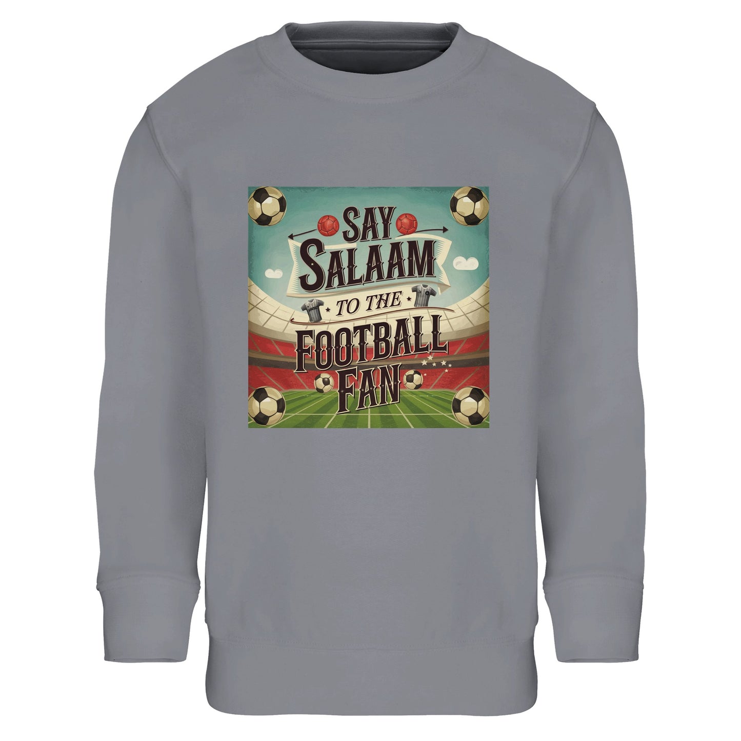 Say Salaam to the Football Fan Design #5 kids sweatshirt in Grey Melange / Heather Grey / Marl Grey / Classic Athletic Grey Blend, delivering a sporty neutral look inspired by traditional football training wear. Crafted with a soft fleece lining for added Islamic warmth, this jumper suits active kids and everyday football fans alike. A practical and affordable sweatshirt that blends Muslim football culture with comfort, durability, and easy styling for year-round casual wear at school, home, or outdoor play