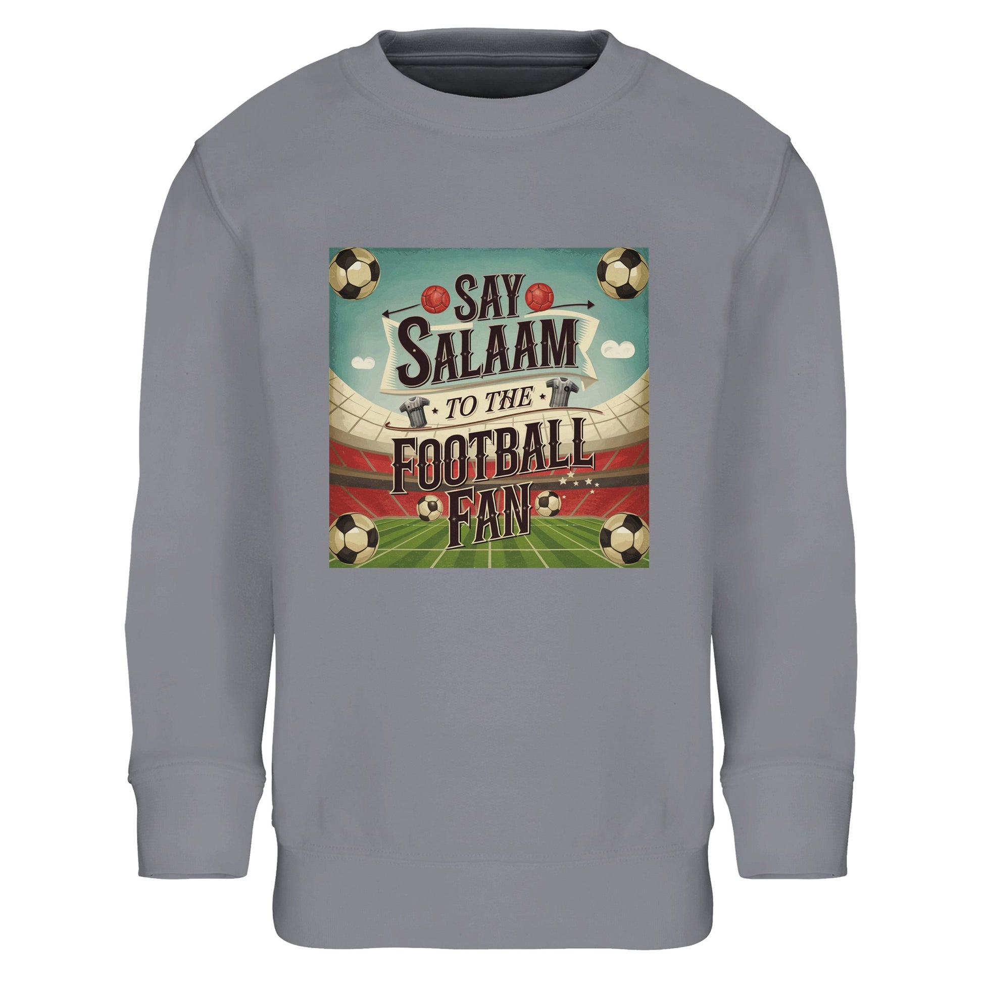 Say Salaam to the Football Fan Design #5 kids sweatshirt in Grey Melange / Heather Grey / Marl Grey / Classic Athletic Grey Blend, delivering a sporty neutral look inspired by traditional football training wear. Crafted with a soft fleece lining for added Islamic warmth, this jumper suits active kids and everyday football fans alike. A practical and affordable sweatshirt that blends Muslim football culture with comfort, durability, and easy styling for year-round casual wear at school, home, or outdoor play