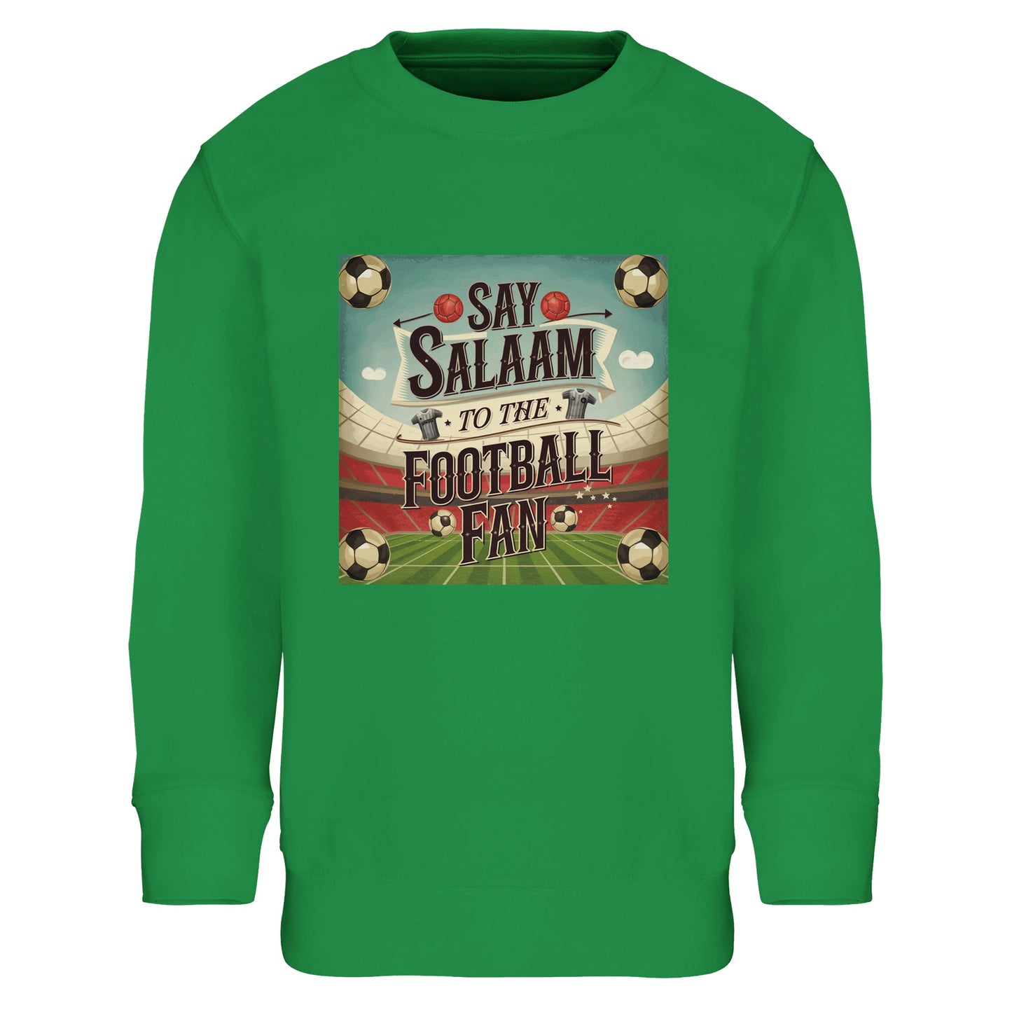 Say Salaam to the Football Fan Design #5 kids sweatshirt in Spring Green / Sea Green / Eucalyptus, bringing pitch-side energy and fresh colour to everyday clothing. Made from a cotton-recycled polyester blend, this warm fleece sweatshirt is suited to school days, outdoor play, and match weekends. A well-priced football jumper that celebrates colour, comfort, and durability, ideal for young supporters drawn to green kits, stadium vibes, football heritage, and relaxed sportswear with character.