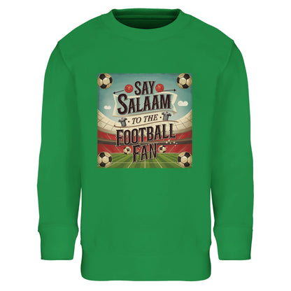 Say Salaam to the Football Fan Design #5 kids sweatshirt in Spring Green / Sea Green / Eucalyptus, bringing pitch-side energy and fresh colour to everyday clothing. Made from a cotton-recycled polyester blend, this warm fleece sweatshirt is suited to school days, outdoor play, and match weekends. A well-priced football jumper that celebrates colour, comfort, and durability, ideal for young supporters drawn to green kits, stadium vibes, football heritage, and relaxed sportswear with character.