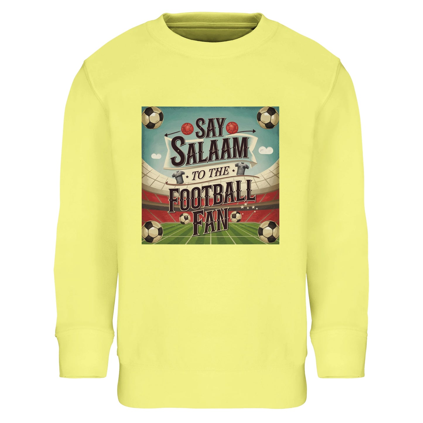 Say Salaam to the Football Fan Design #5 kids sweatshirt in Light Yellow / Lemon Chiffon, offering a bright, cheerful take on football-inspired streetwear. The brushed fleece lining adds warmth while remaining lightweight and comfortable for all-day wear. An affordable Muslim kids football sweatshirt that stands out without sacrificing Islamic practicality, perfect for young fans who enjoy bold colour, soft fabric, easy-care clothing, and standout pieces within casual everyday outfits.