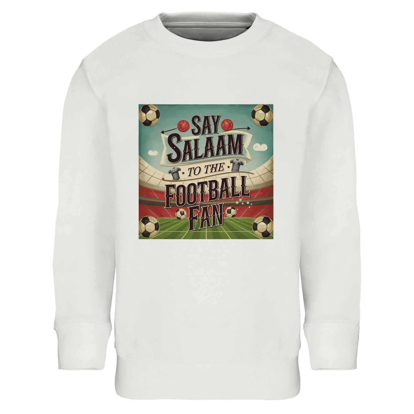Say Salaam to the Football Fan Design #5 kids sweatshirt in White / Platinum, featuring bold vintage football artwork and stacked lettering. Made from a soft cotton and recycled polyester blend with brushed fleece lining, this warm kids jumper suits school days, match weekends, and everyday wear. A comfortable, well-priced football sweatshirt for young fans who love terraces, goals, and football culture, offering durability, easy care, and a clean neutral tone that pairs effortlessly with casual outfits.