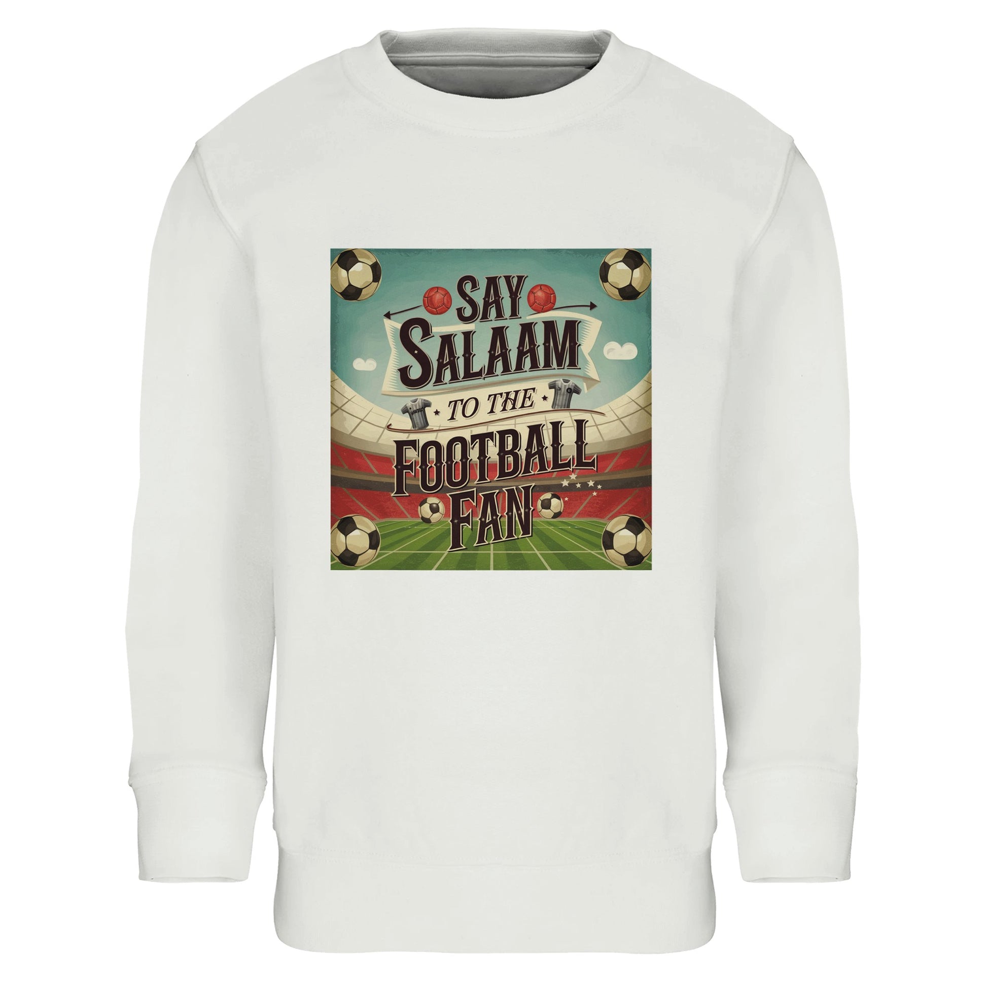 Say Salaam to the Football Fan Design #5 kids sweatshirt in White / Platinum, featuring bold vintage football artwork and stacked lettering. Made from a soft cotton and recycled polyester blend with brushed fleece lining, this warm kids jumper suits school days, match weekends, and everyday wear. A comfortable, well-priced football sweatshirt for young fans who love terraces, goals, and football culture, offering durability, easy care, and a clean neutral tone that pairs effortlessly with casual outfits.