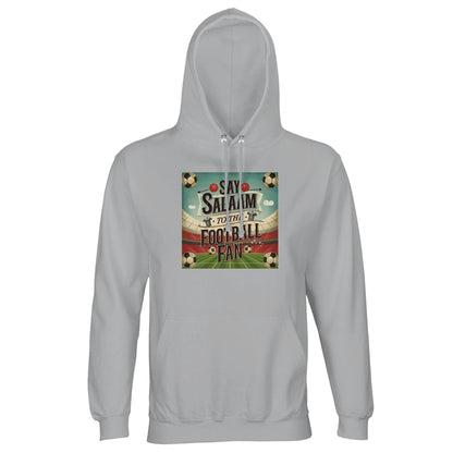 Ash / Silver Chalice Say Salaam to the Football Fan Design #5 light hoodie features a classic grey tone paired with brushed fleece lining and durable cotton-poly construction. Ideal for football fans who prefer neutral colours, this well-priced hooded pullover pairs easily with everyday outfits. Suitable for match days, commuting, streaming, and casual wear, it offers warmth, durability, and understated Muslim football expression. 