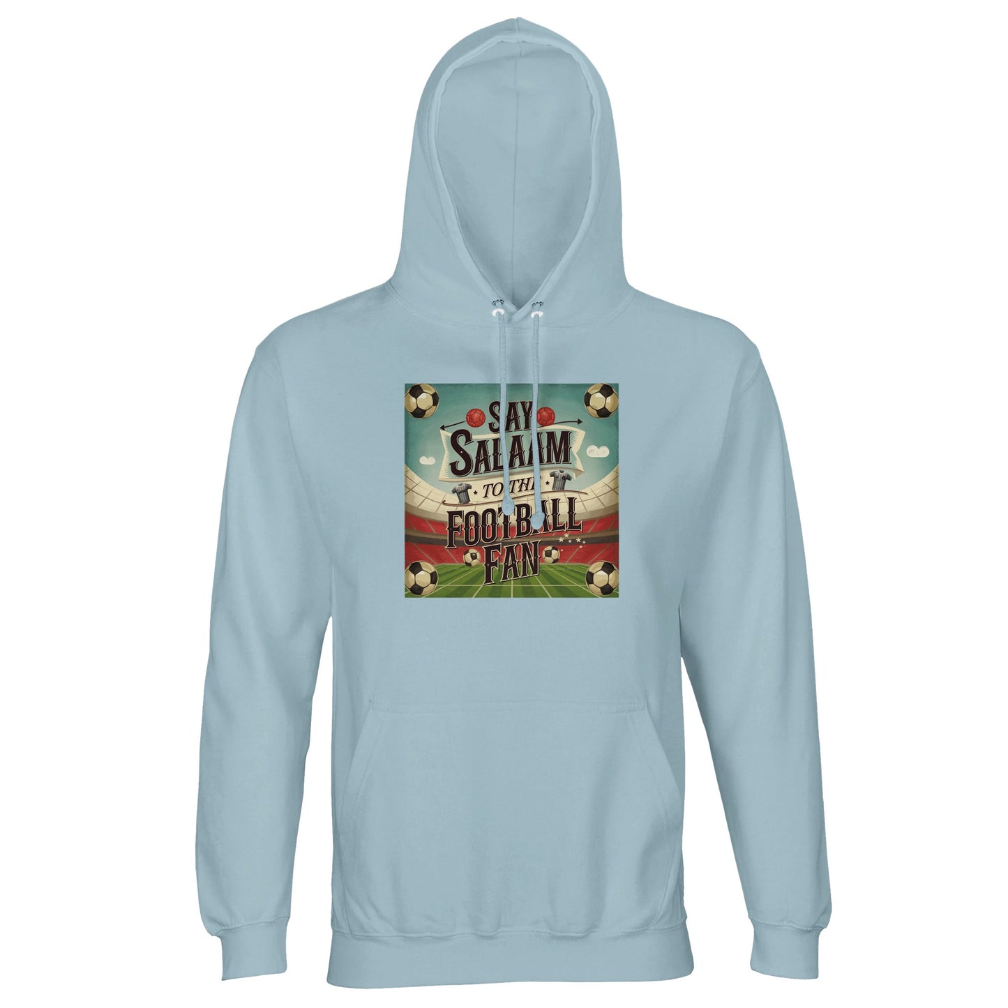Creamy Blue / Pool Blue / Light Sea Green Say Salaam to the Football Fan Design #5 light hoodie brings a soft, wearable blue-green tone together with brushed fleece comfort and durable cotton-poly fabric. Designed for football supporters who prefer lighter, modern colours, this hoodie suits match viewing and everyday layering. The relaxed fit, lined hood, and breathable construction offer warmth without weight, making it a practical hoodie rooted in Muslim supporter culture and clean streetwear style.