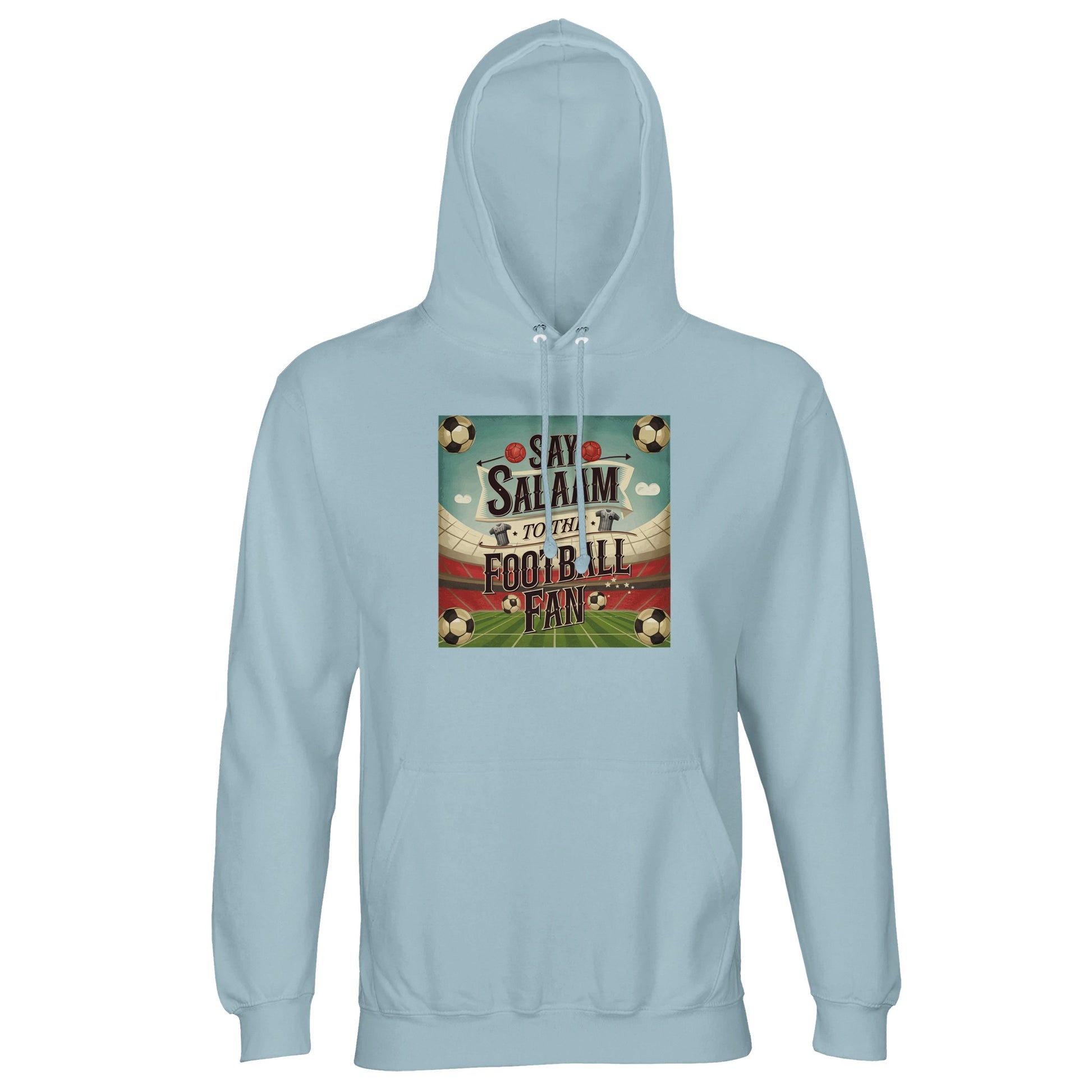 Creamy Blue / Pool Blue / Light Sea Green Say Salaam to the Football Fan Design #5 light hoodie brings a soft, wearable blue-green tone together with brushed fleece comfort and durable cotton-poly fabric. Designed for football supporters who prefer lighter, modern colours, this hoodie suits match viewing and everyday layering. The relaxed fit, lined hood, and breathable construction offer warmth without weight, making it a practical hoodie rooted in Muslim supporter culture and clean streetwear style.
