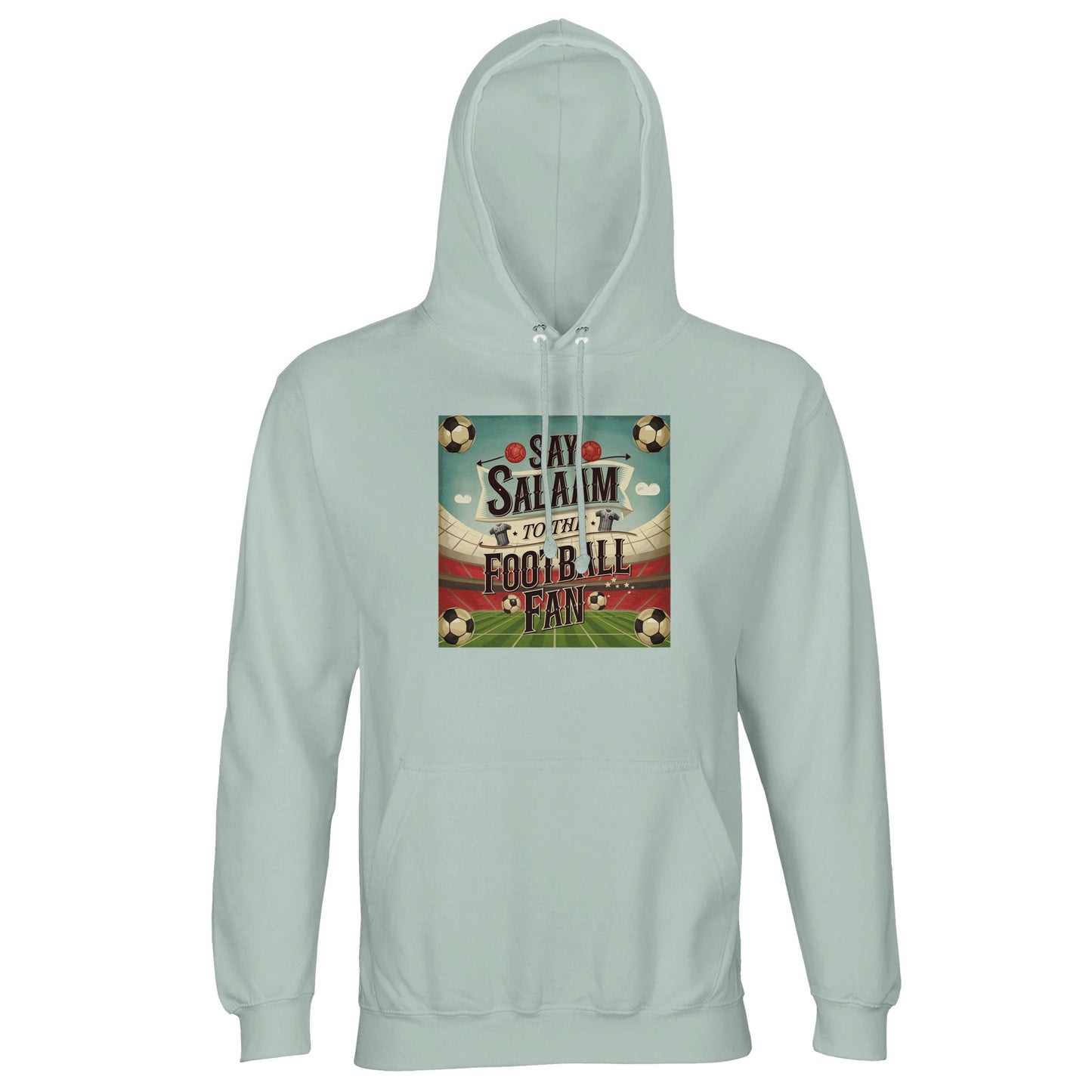 Creamy Green / Greenish Grey Say Salaam to the Football Fan Design #5 light hoodie blends muted green tones with brushed fleece softness and dependable cotton-poly fabric. Designed for football fans who favour understated colourways, this hooded sweater works across match days, commuting, and relaxed routines. The lined hood and easy cut offer warmth without weight, making it a well-priced practical everyday Islam-linked football layer.