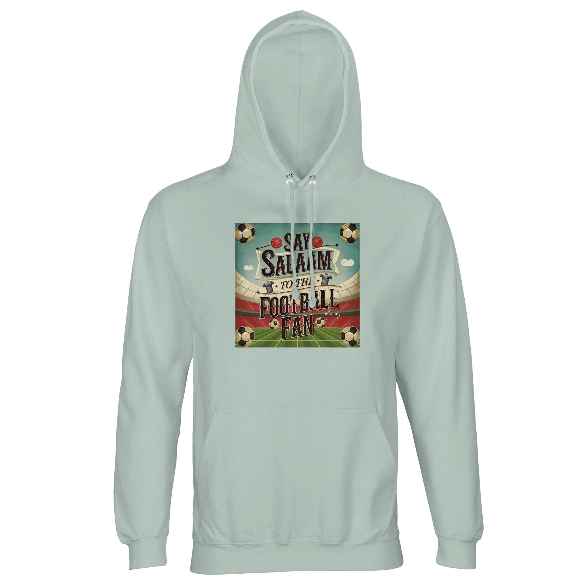 Creamy Green / Greenish Grey Say Salaam to the Football Fan Design #5 light hoodie blends muted green tones with brushed fleece softness and dependable cotton-poly fabric. Designed for football fans who favour understated colourways, this hooded sweater works across match days, commuting, and relaxed routines. The lined hood and easy cut offer warmth without weight, making it a well-priced practical everyday Islam-linked football layer.
