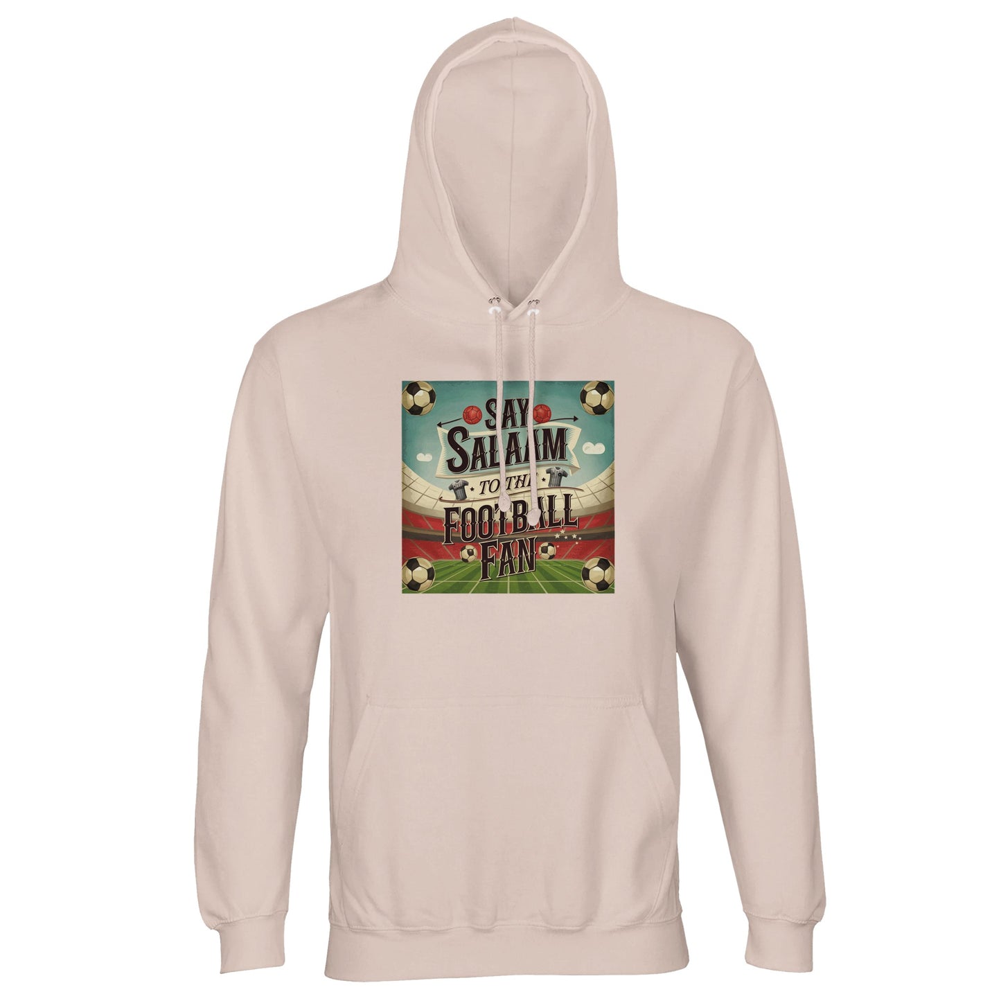 Creamy Pink / Oyster Pink Say Salaam to the Football Fan Design #5 light hoodie features a soft neutral-pink tone paired with brushed fleece lining and durable everyday construction. Suitable for football supporters who prefer calm, wearable colours, this Muslim-oriented hooded pullover fits easily into casual outfits. Ideal for match viewing, relaxed outings, and everyday wear, offering warmth, comfort, and a football-inspired message Islamically expressed with subtle character.