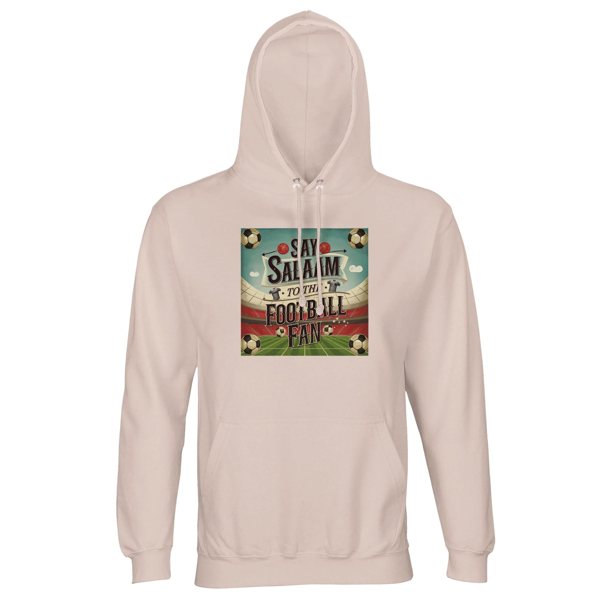 Creamy Pink / Oyster Pink Say Salaam to the Football Fan Design #5 light hoodie features a soft neutral-pink tone paired with brushed fleece lining and durable everyday construction. Suitable for football supporters who prefer calm, wearable colours, this Muslim-oriented hooded pullover fits easily into casual outfits. Ideal for match viewing, relaxed outings, and everyday wear, offering warmth, comfort, and a football-inspired message Islamically expressed with subtle character.