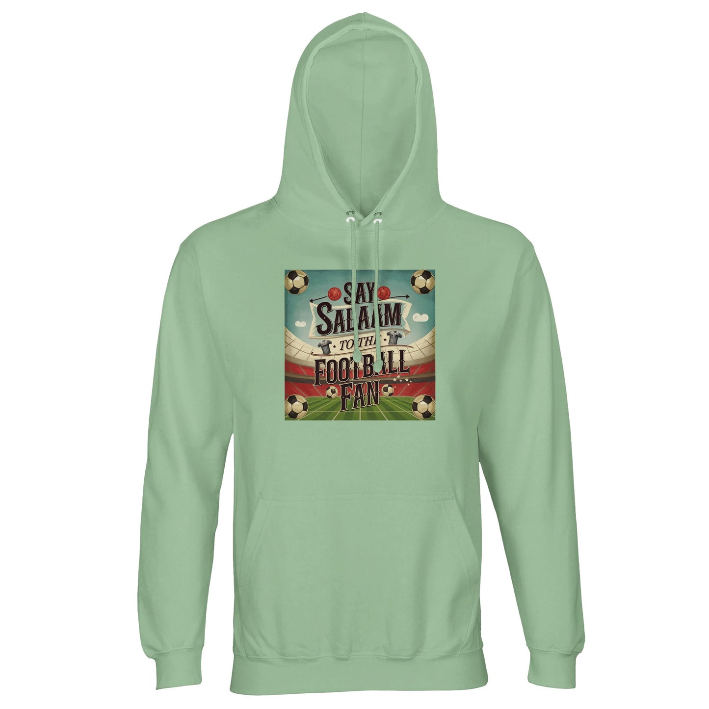 Frozen Green / Opal Say Salaam to the Football Fan Design #5 light hoodie delivers a modern green shade combined with fleece warmth and breathable cotton-poly fabric. Designed for football fans who enjoy contemporary colour palettes, it suits daily Muslim wear, travel, and cooler evenings. The lined hood and clean finish provide comfort and structure, making it a reliable football Islamic wardrobe staple.