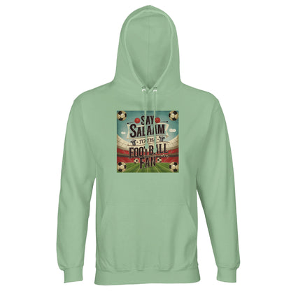 Frozen Green / Opal Say Salaam to the Football Fan Design #5 light hoodie delivers a modern green shade combined with fleece warmth and breathable cotton-poly fabric. Designed for football fans who enjoy contemporary colour palettes, it suits daily Muslim wear, travel, and cooler evenings. The lined hood and clean finish provide comfort and structure, making it a reliable football Islamic wardrobe staple.