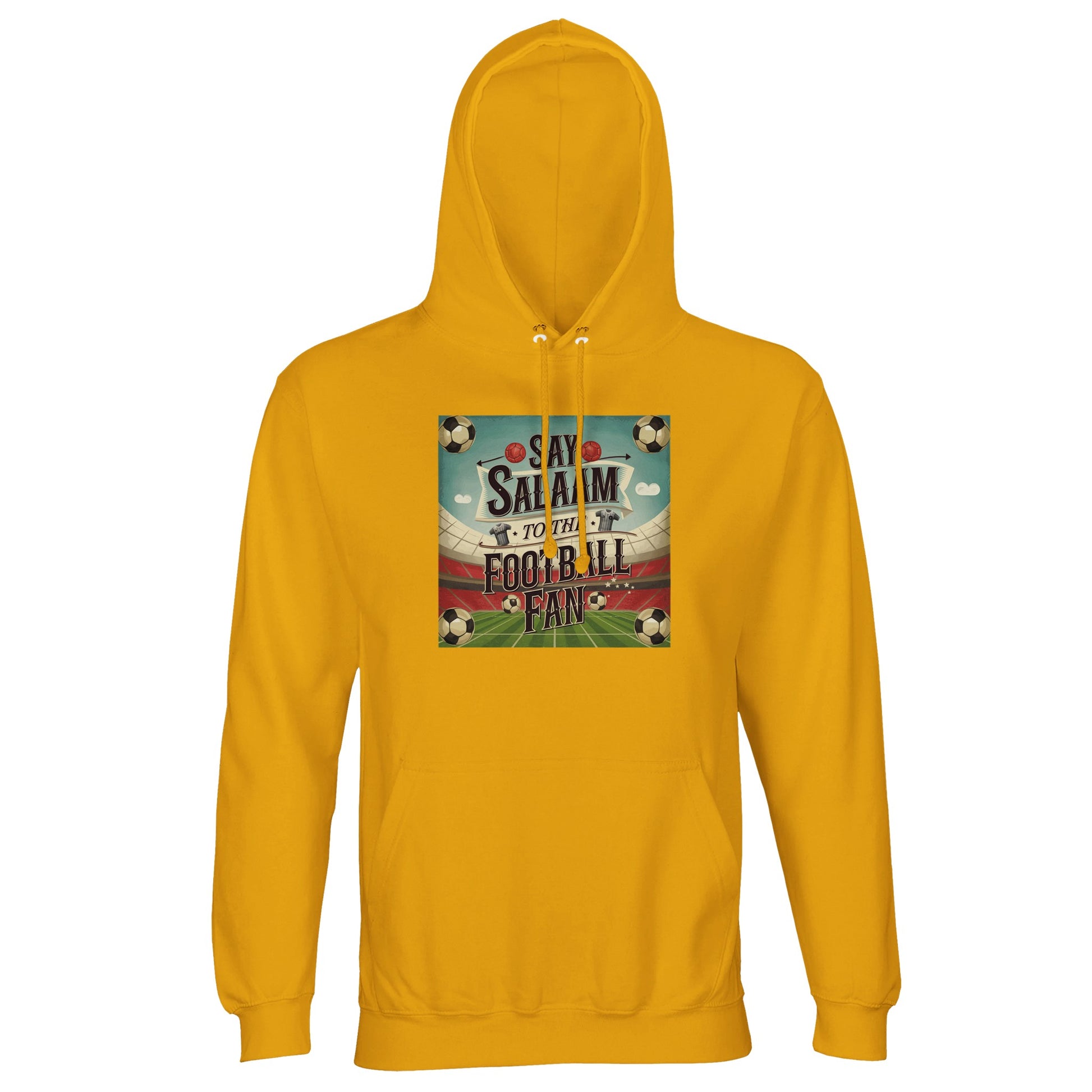Gold / Gamboge Say Salaam to the Football Fan Design #5 light hoodie combines a warm standout colour with brushed fleece comfort and durable cotton-poly construction. Built for football fans who want comfort without heaviness, it works well for match viewing, everyday wear, and cooler evenings. The relaxed fit, lined hood, and breathable fabric make it practical and expressive, offering a football-inspired garment rooted in modern Muslim supporter culture and everyday wearability.