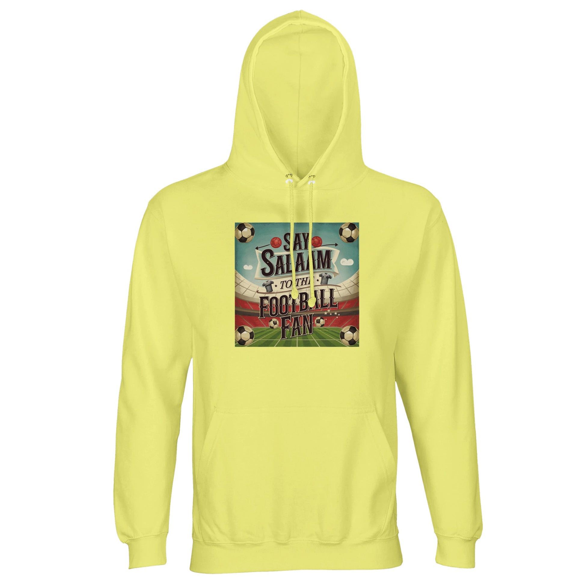 Light Yellow / Lemon Chiffon Say Salaam to the Football Fan Design #5 light hoodie pairs a soft, uplifting colourway with brushed fleece lining and a dependable cotton-poly build. Designed for football supporters who prefer lighter tones, it suits match days at home, casual outings, and seasonal layering. The relaxed silhouette, lined hood, and breathable fabric deliver warmth and comfort while carrying a positive football-led message.