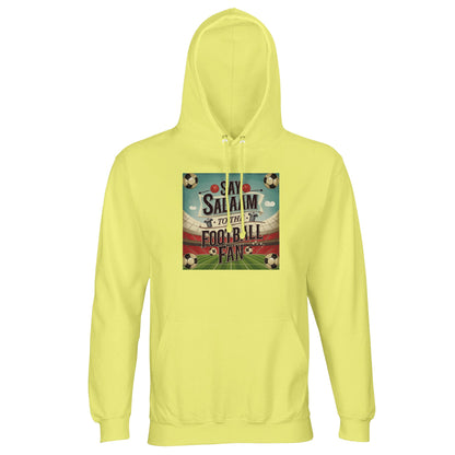Light Yellow / Lemon Chiffon Say Salaam to the Football Fan Design #5 light hoodie pairs a soft, uplifting colourway with brushed fleece lining and a dependable cotton-poly build. Designed for football supporters who prefer lighter tones, it suits match days at home, casual outings, and seasonal layering. The relaxed silhouette, lined hood, and breathable fabric deliver warmth and comfort while carrying a positive football-led message.