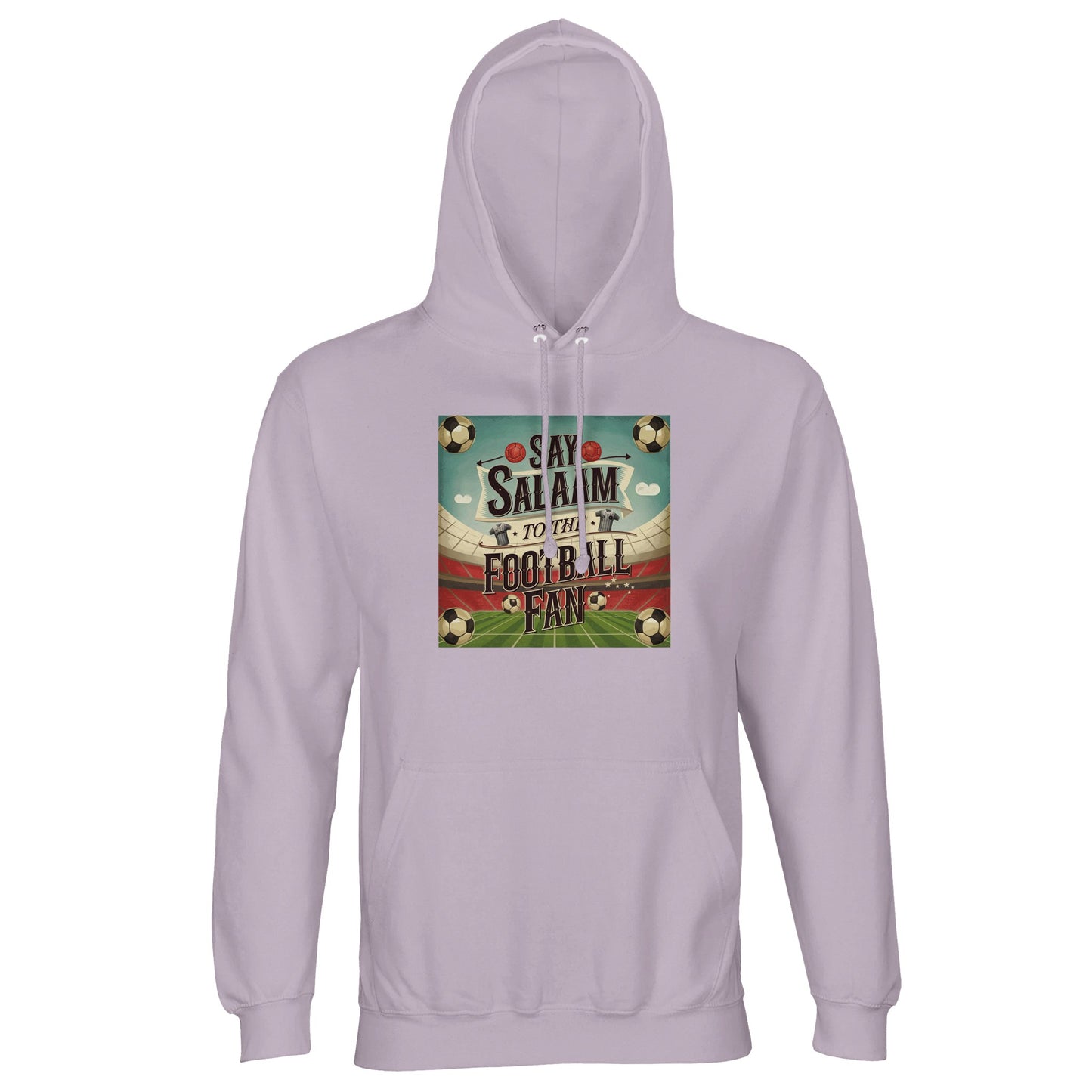 Lilak / Lilac / Wisteria Purple Say Salaam to the Football Fan Design #5 light hoodie brings a gentle purple colourway together with brushed fleece comfort and responsibly sourced materials. Designed for football supporters who appreciate Islamically expressive yet wearable tones, this hoodie works well for match days, weekends, and relaxed settings, offering warmth, ease, and distinctive football Muslim-style.
