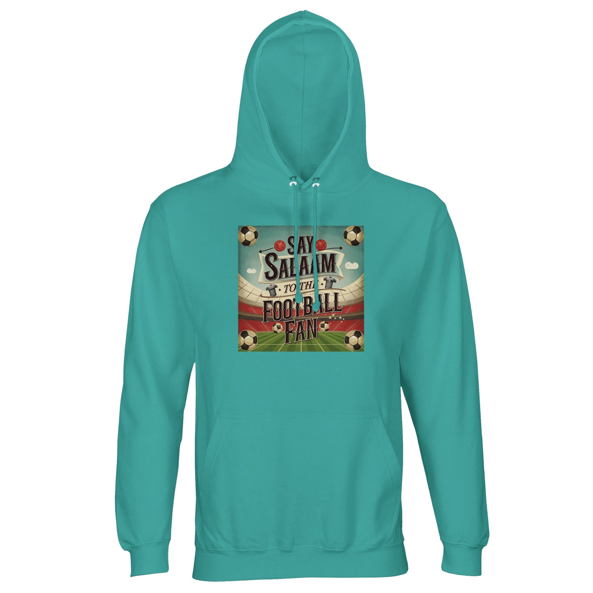 Creamy Blue / Pool Blue / Light Sea Green Say Salaam to the Football Fan Design #5 light hoodie offers a fresh, relaxed colour palette combined with brushed fleece comfort and durable construction. Ideal for football supporters who prefer softer shades, this hoodie fits naturally into casual wardrobes for weekends, match nights, and everyday layering. A clean fair-priced football hoodie balancing comfort, Muslim colour, and cultural expression.