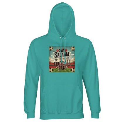Creamy Blue / Pool Blue / Light Sea Green Say Salaam to the Football Fan Design #5 light hoodie offers a fresh, relaxed colour palette combined with brushed fleece comfort and durable construction. Ideal for football supporters who prefer softer shades, this hoodie fits naturally into casual wardrobes for weekends, match nights, and everyday layering. A clean fair-priced football hoodie balancing comfort, Muslim colour, and cultural expression.