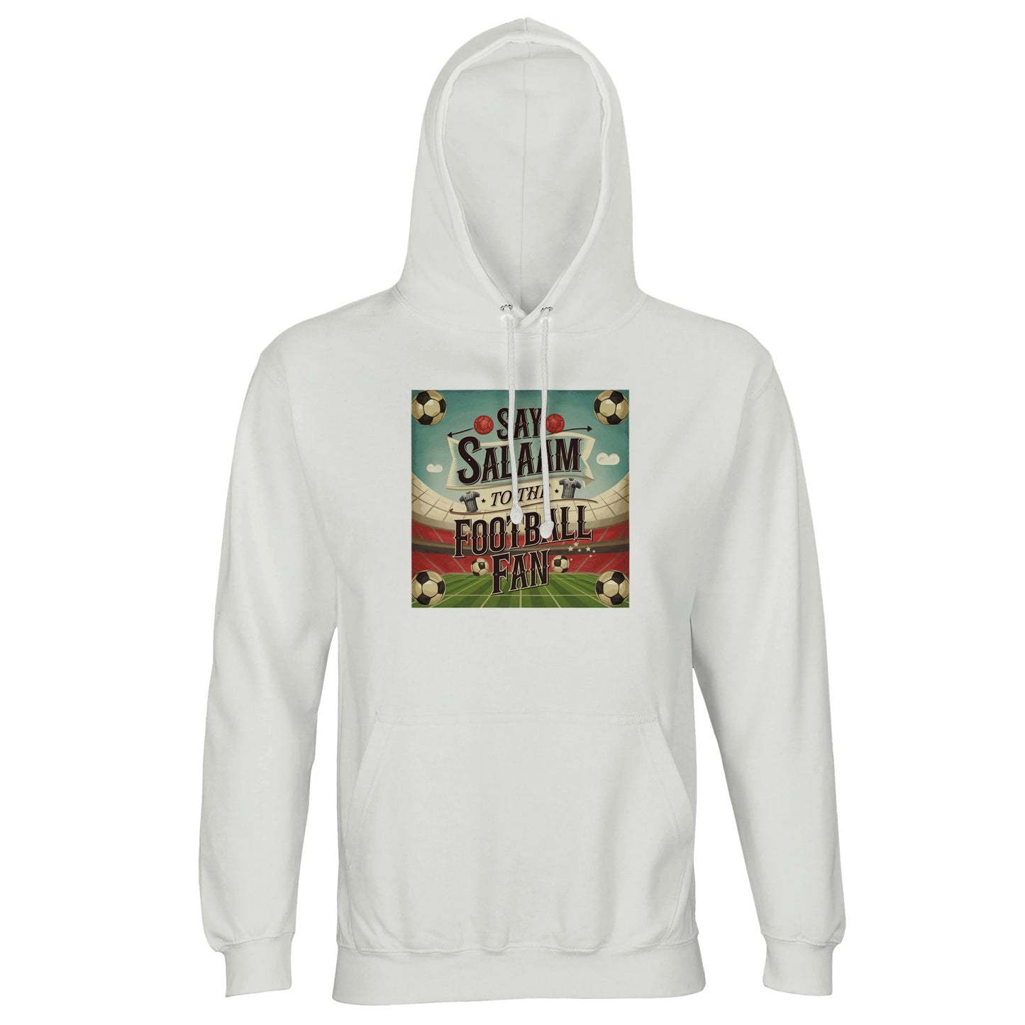 White / Platinum Say Salaam to the Football Fan Design #5 light hoodie made from a cotton and recycled polyester blend with soft brushed fleece lining for everyday warmth. Designed for football supporters who value comfort, meaning, and clean style, this hoodie features a lined hood, tonal drawstrings, and a relaxed fit suitable for match days, travel, school runs, and casual weekends. A versatile football hoodie that layers easily with jeans or joggers while expressing unity, respect, and football culture.