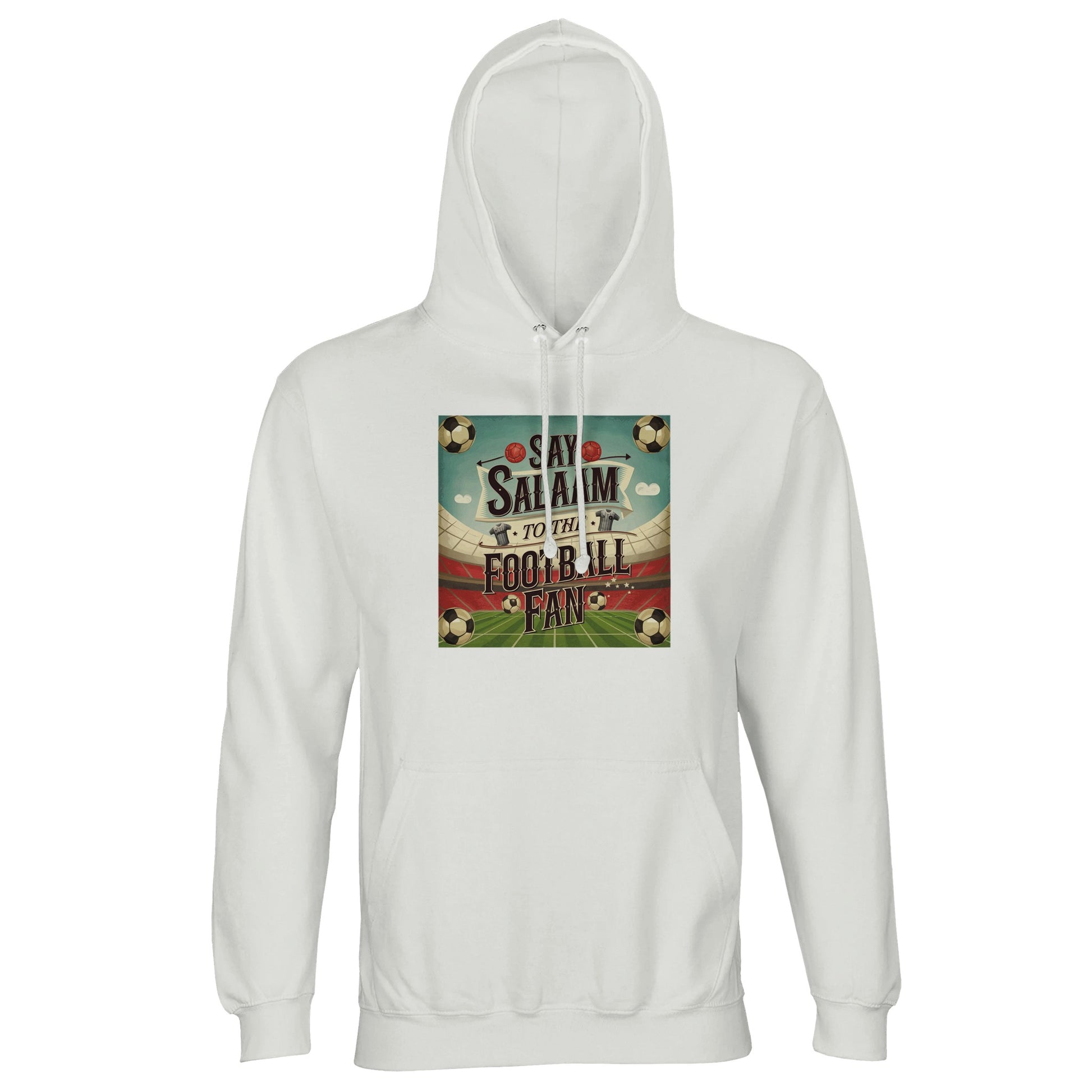 White / Platinum Say Salaam to the Football Fan Design #5 light hoodie made from a cotton and recycled polyester blend with soft brushed fleece lining for everyday warmth. Designed for football supporters who value comfort, meaning, and clean style, this hoodie features a lined hood, tonal drawstrings, and a relaxed fit suitable for match days, travel, school runs, and casual weekends. A versatile football hoodie that layers easily with jeans or joggers while expressing unity, respect, and football culture.