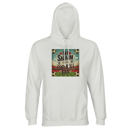 White / Platinum Say Salaam to the Football Fan Design #5 light hoodie made from a cotton and recycled polyester blend with soft brushed fleece lining for everyday warmth. Designed for football supporters who value comfort, meaning, and clean style, this hoodie features a lined hood, tonal drawstrings, and a relaxed fit suitable for match days, travel, school runs, and casual weekends. A versatile football hoodie that layers easily with jeans or joggers while expressing unity, respect, and football culture.