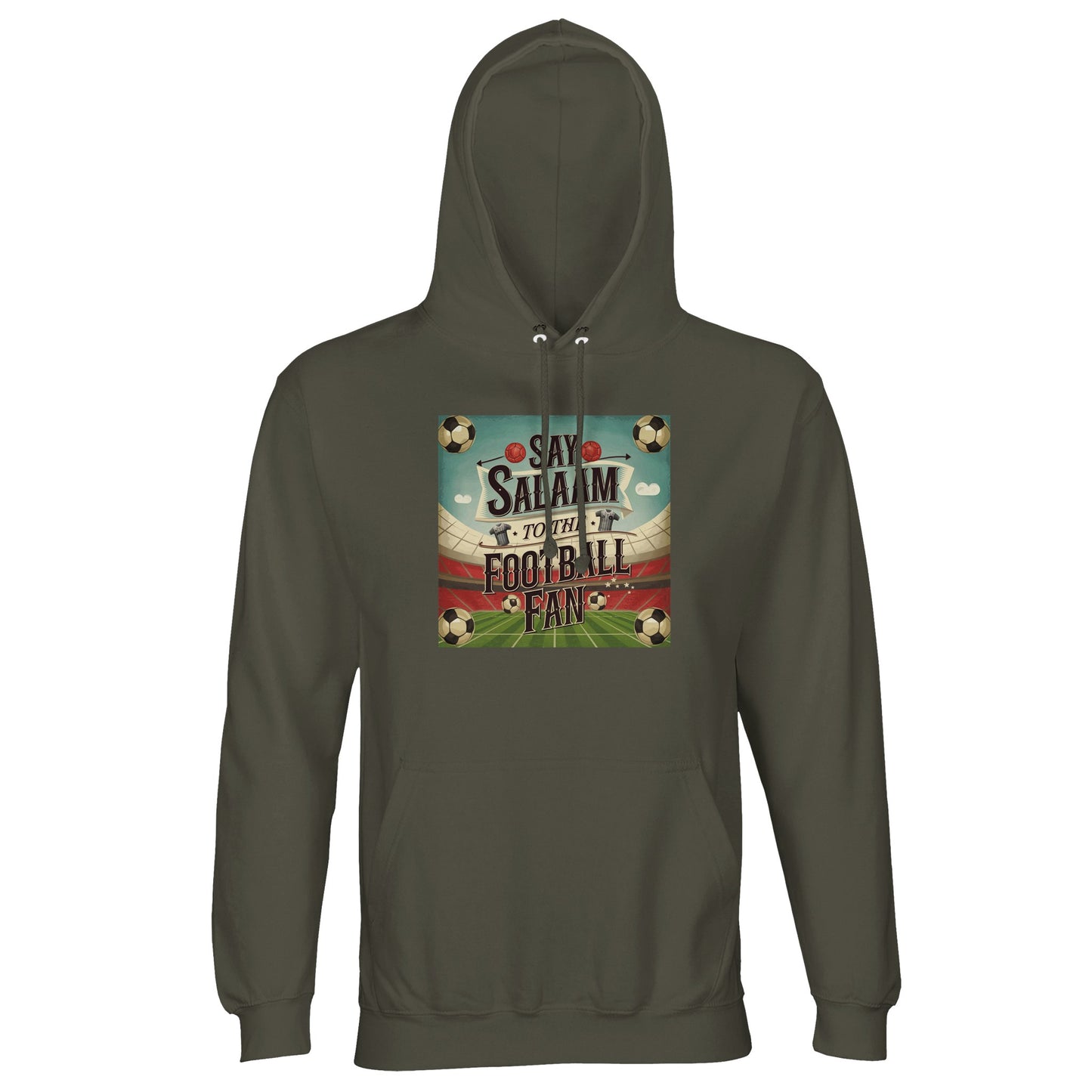 Say Salaam to the Football Fan Design #5 cotton-poly hoodie in Army / Fuscous Grey, blending muted tones with strong football identity. Designed with brushed fleece for warmth and durability, this hoodie fits seamlessly into casual wardrobes for match days, travel, or daily wear. Ideal for supporters who follow club fixtures, standings, and football news while preferring a low-key aesthetic. Muted green football hoodie for adults who prefer understated club style, affordable fanwear, and durability.