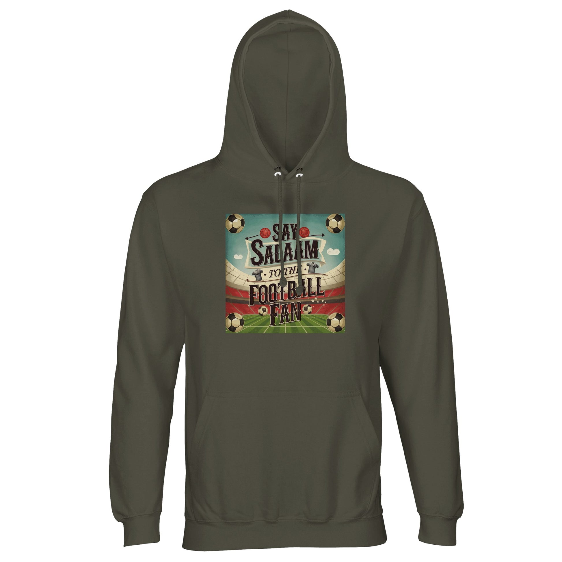 Say Salaam to the Football Fan Design #5 cotton-poly hoodie in Army / Fuscous Grey, blending muted tones with strong football identity. Designed with brushed fleece for warmth and durability, this hoodie fits seamlessly into casual wardrobes for match days, travel, or daily wear. Ideal for supporters who follow club fixtures, standings, and football news while preferring a low-key aesthetic. Muted green football hoodie for adults who prefer understated club style, affordable fanwear, and durability.
