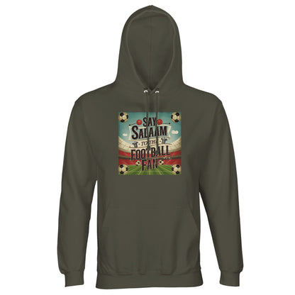 Say Salaam to the Football Fan Design #5 cotton-poly hoodie in Army / Fuscous Grey, blending muted tones with strong football identity. Designed with brushed fleece for warmth and durability, this hoodie fits seamlessly into casual wardrobes for match days, travel, or daily wear. Ideal for supporters who follow club fixtures, standings, and football news while preferring a low-key aesthetic. Muted green football hoodie for adults who prefer understated club style, affordable fanwear, and durability.