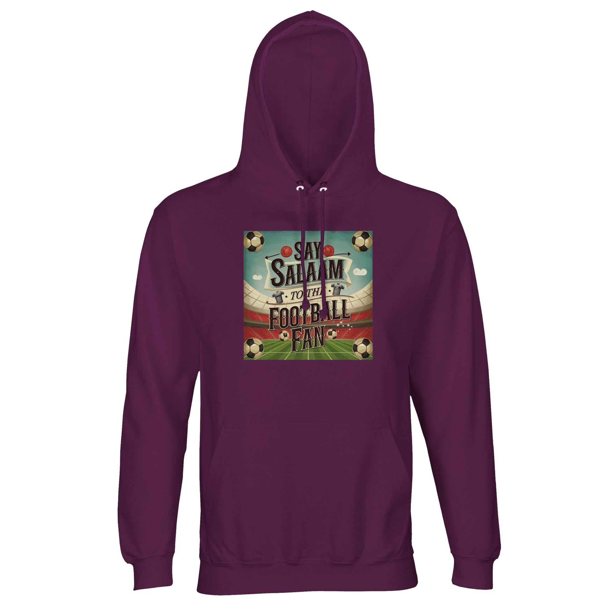 Say Salaam to the Football Fan Design #5 cotton-poly hoodie in Astral Purple / Wine Berry / Reddish Magenta, offering a distinctive alternative to traditional football colours. Featuring stadium-inspired artwork and brushed fleece warmth, it’s suited to everyday wear, match days, and casual street style. Ideal for fans tracking fixtures, results, and club news while choosing standout colour. Distinctive football hoodie for adults wanting unique club colours and affordable fan fashion.