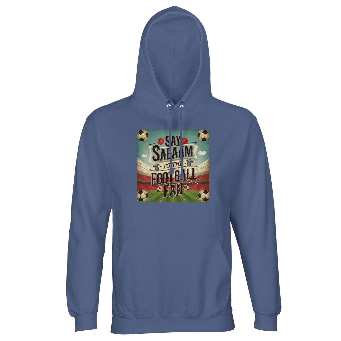 Say Salaam to the Football Fan Design #5 cotton-poly hoodie in Blue / Marble Blue / Blue-Grey / Waikawa Grey, designed around cool stadium tones and classic football aesthetics. The brushed fleece lining adds warmth and comfort, making it suitable for match days, travel, and relaxed daily wear. Easy to style with jeans or joggers, this hoodie works for fans checking fixtures, scores, standings, and club updates throughout the season. Versatile blue football hoodie for adults shopping affordable fanwear.