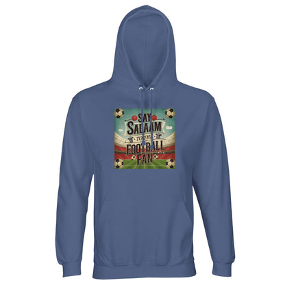 Say Salaam to the Football Fan Design #5 cotton-poly hoodie in Blue / Marble Blue / Blue-Grey / Waikawa Grey, designed around cool stadium tones and classic football aesthetics. The brushed fleece lining adds warmth and comfort, making it suitable for match days, travel, and relaxed daily wear. Easy to style with jeans or joggers, this hoodie works for fans checking fixtures, scores, standings, and club updates throughout the season. Versatile blue football hoodie for adults shopping affordable fanwear.