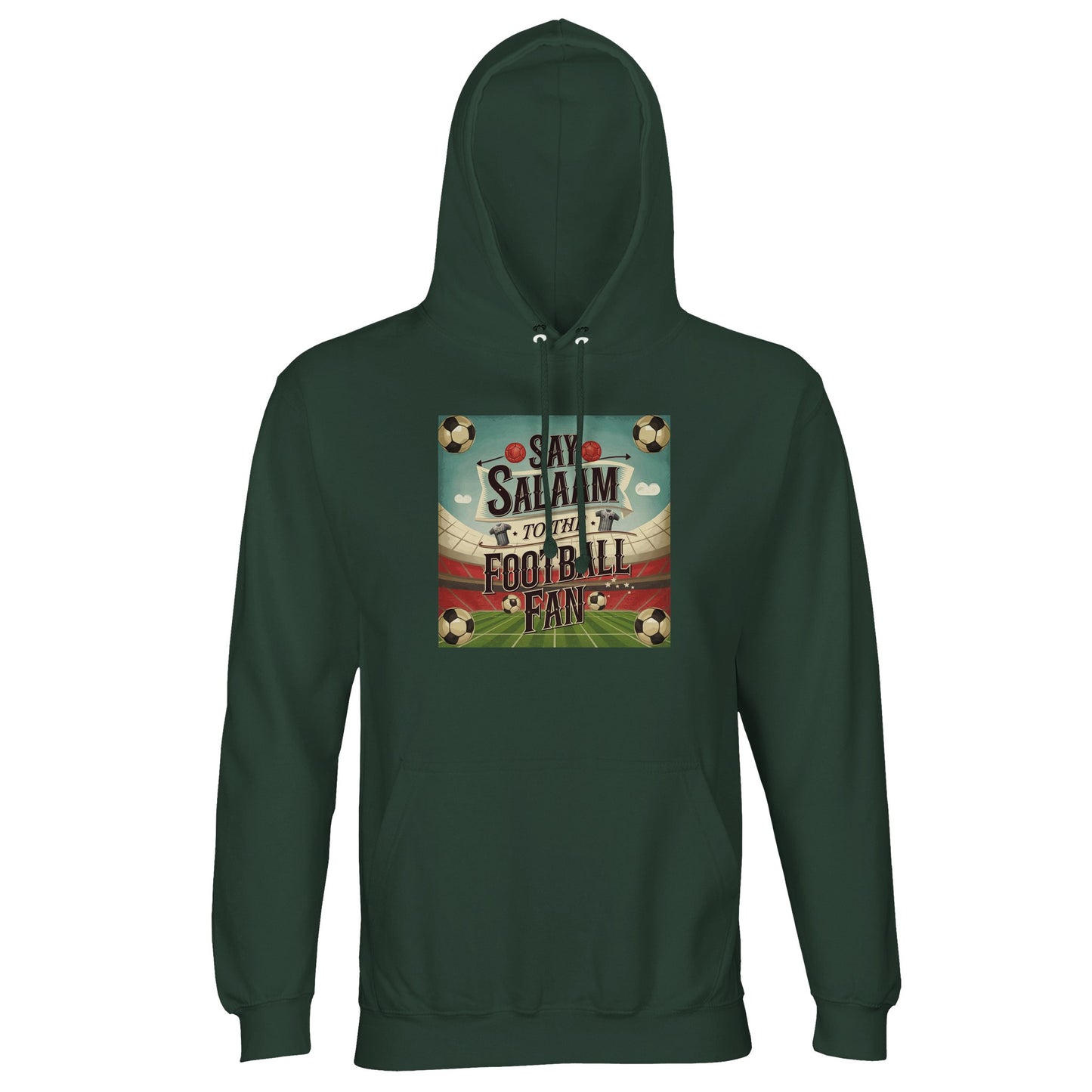 Say Salaam to the Football Fan Design #5 cotton-poly hoodie in Bottle Green / Outer Space, inspired by heritage football colours and supporter tradition. With a soft brushed fleece lining and relaxed fit, it’s designed for match days, casual wear, and travel. A dependable option for fans following club fixtures, results, and seasonal competitions. Deep green football hoodie for adults shopping heritage-style club wear and affordable supporter clothing.