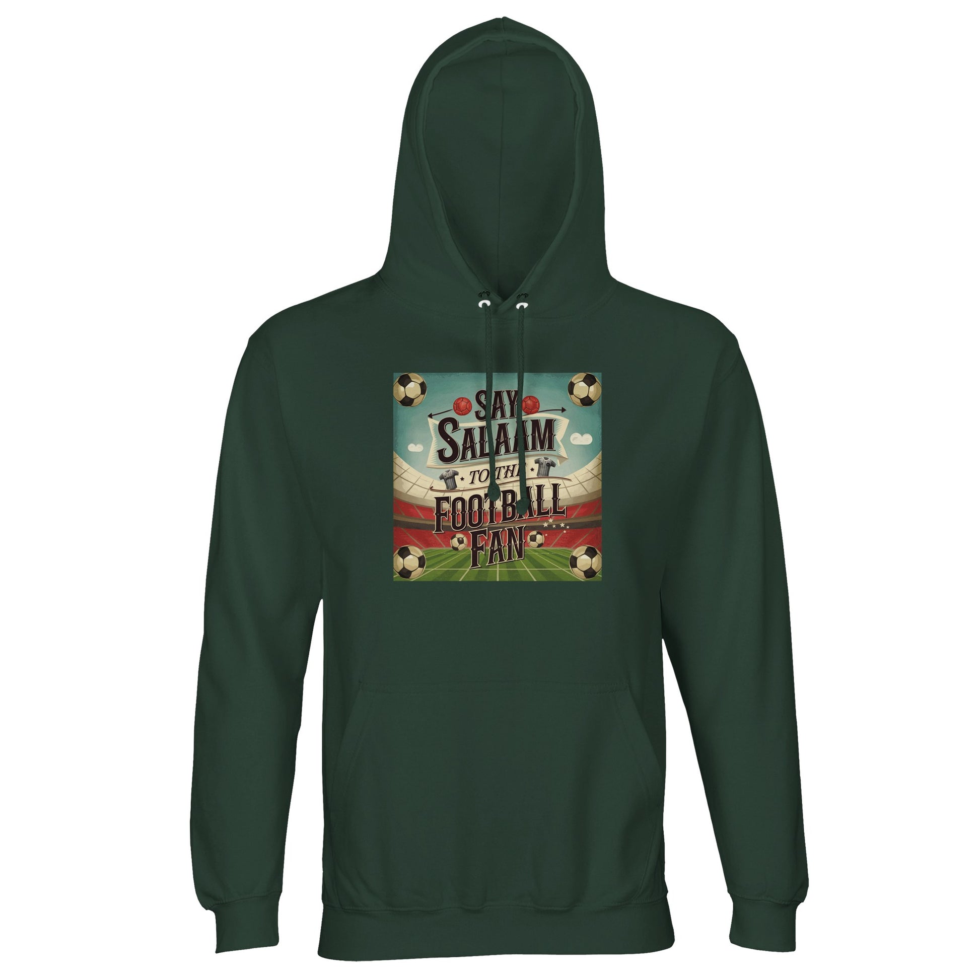 Say Salaam to the Football Fan Design #5 cotton-poly hoodie in Bottle Green / Outer Space, inspired by heritage football colours and supporter tradition. With a soft brushed fleece lining and relaxed fit, it’s designed for match days, casual wear, and travel. A dependable option for fans following club fixtures, results, and seasonal competitions. Deep green football hoodie for adults shopping heritage-style club wear and affordable supporter clothing.